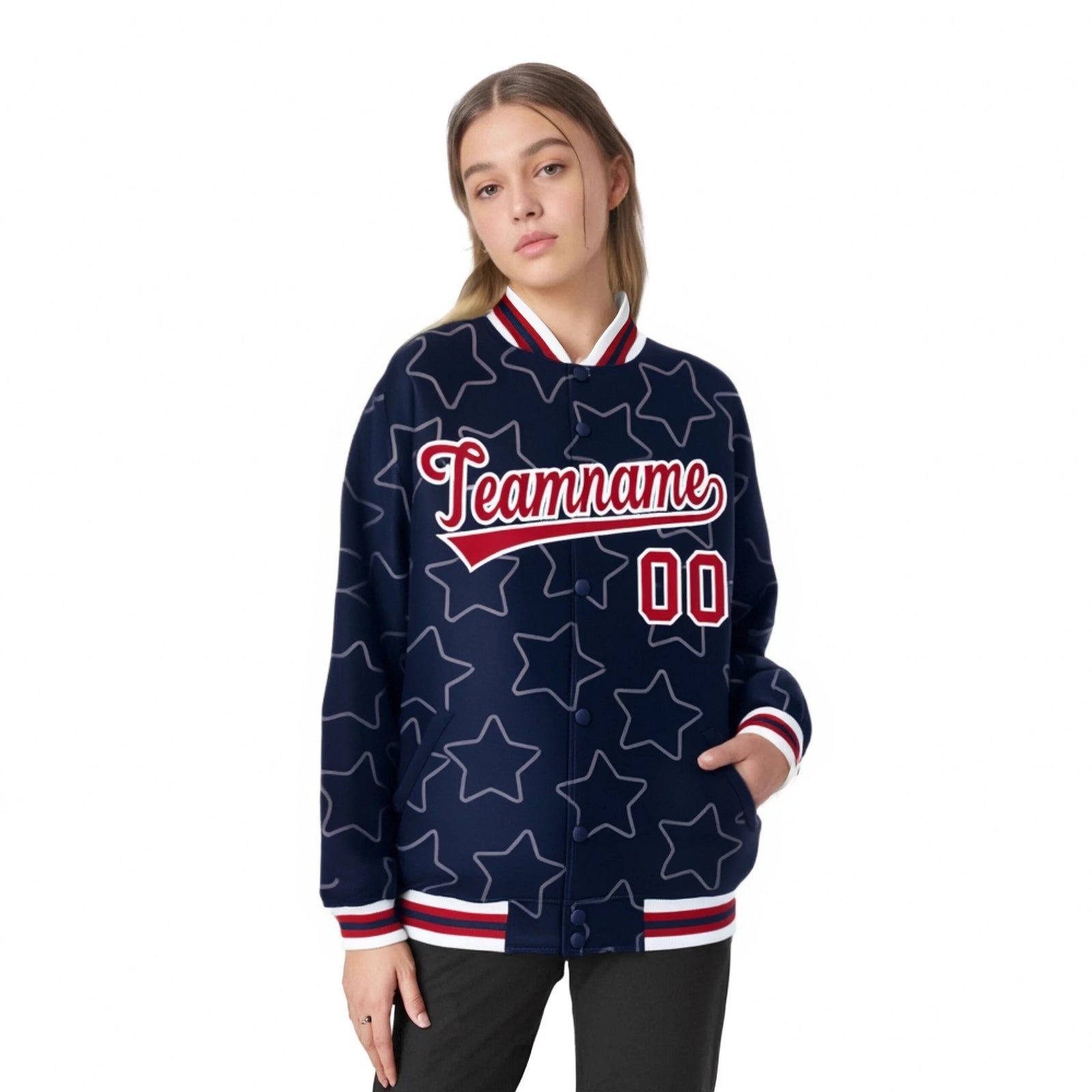 Custom Navy Red-White Varsity Full-Snap Star Pattern Letterman Baseball Jacket