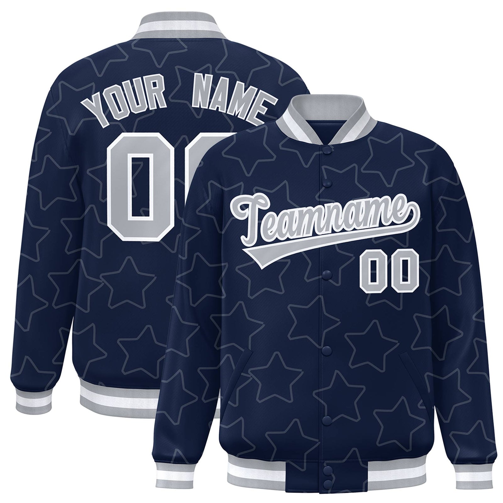 Custom Navy Gray-White Varsity Full-Snap Star Pattern Letterman Baseball Jacket
