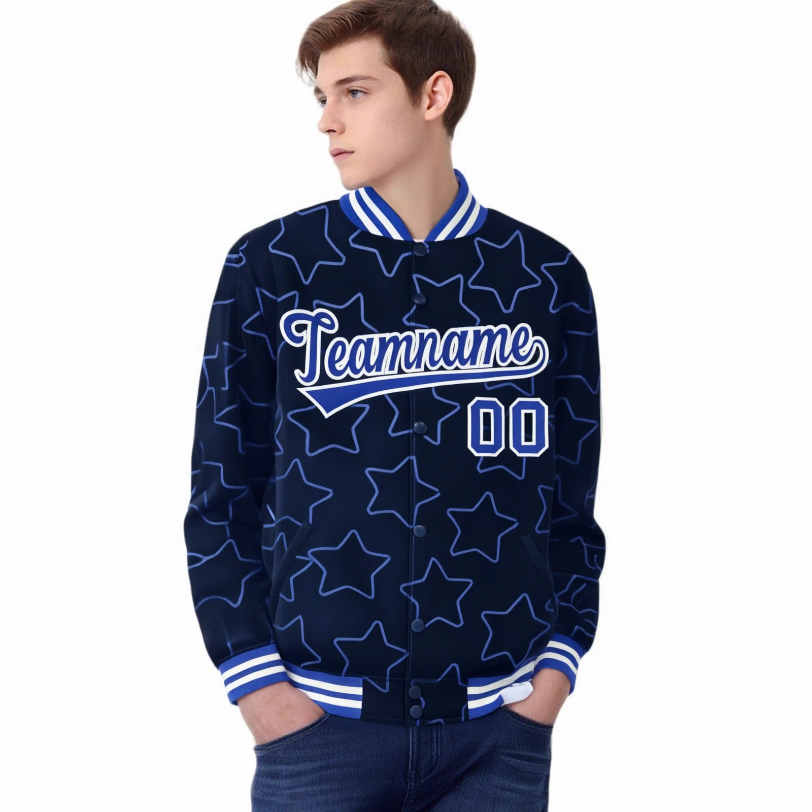 Custom Navy Royal Blue-White Varsity Full-Snap Star Pattern Letterman Baseball Jacket