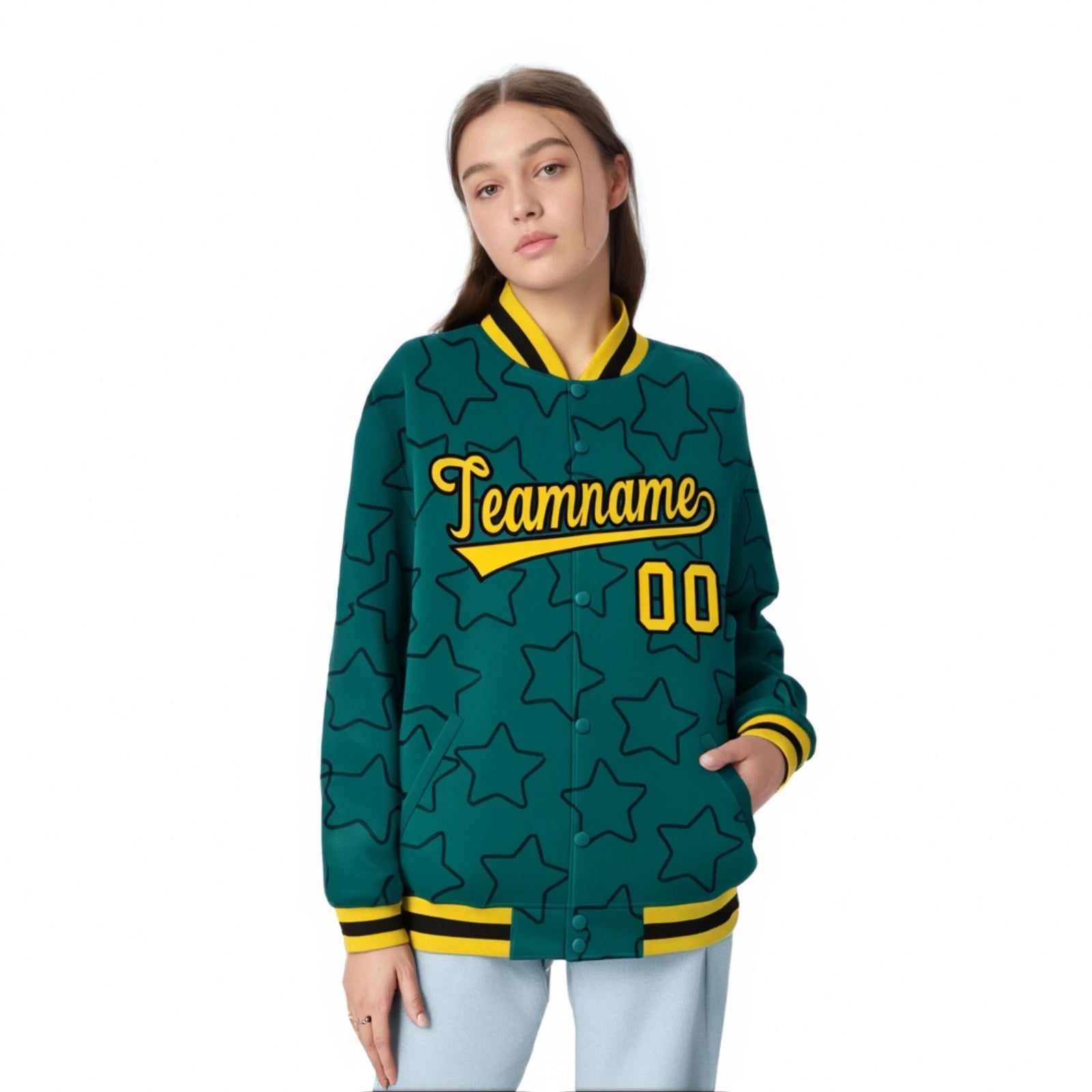 Custom Aqua Gold-Black Varsity Full-Snap Star Pattern Letterman Baseball Jacket