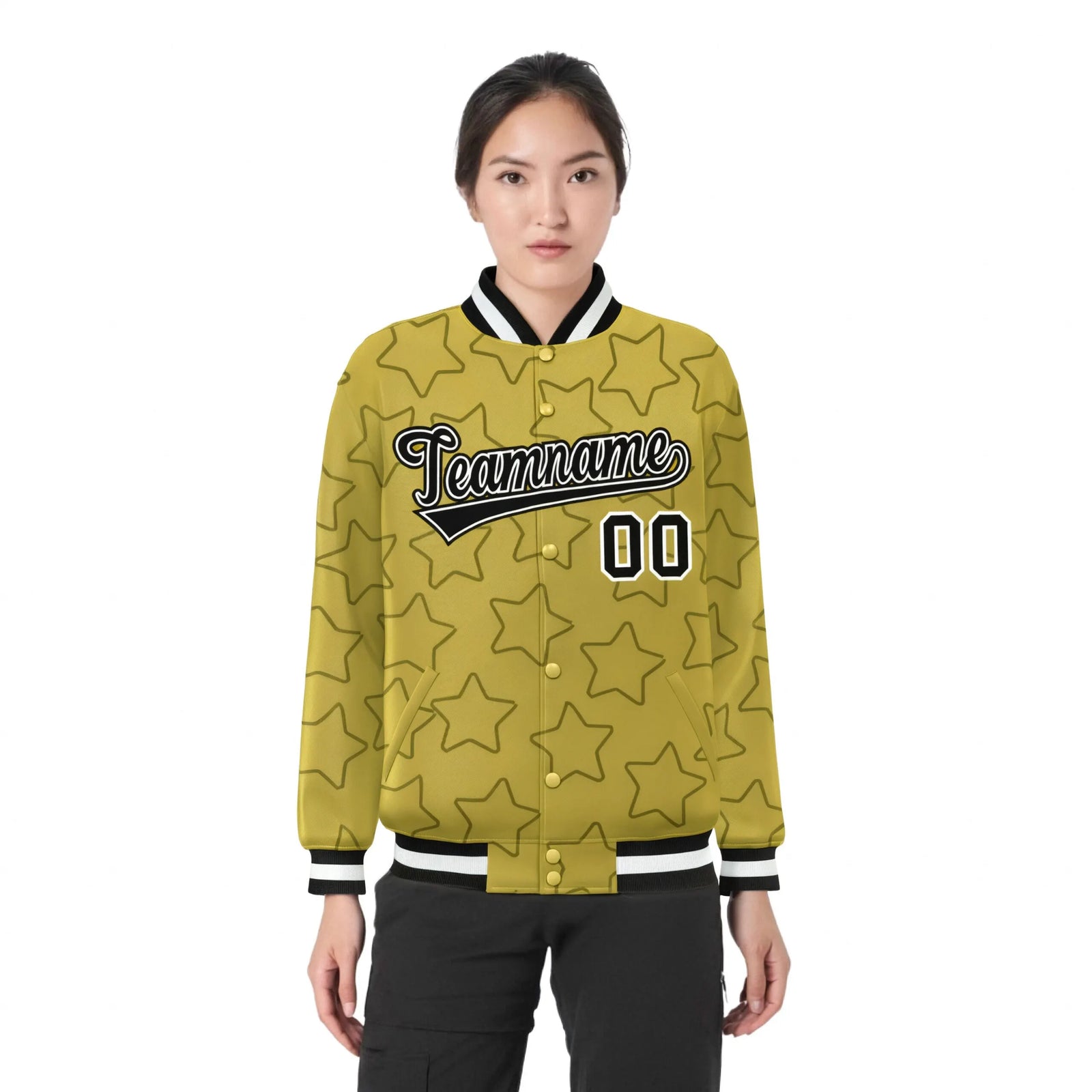 Custom Old Gold Black-White Varsity Full-Snap Star Pattern Letterman Baseball Jacket