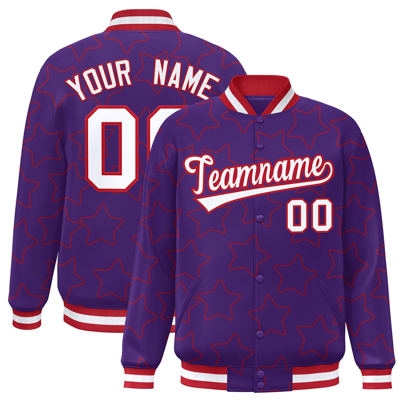 Custom Purple White-Red Varsity Full-Snap Star Pattern Letterman Baseball Jacket