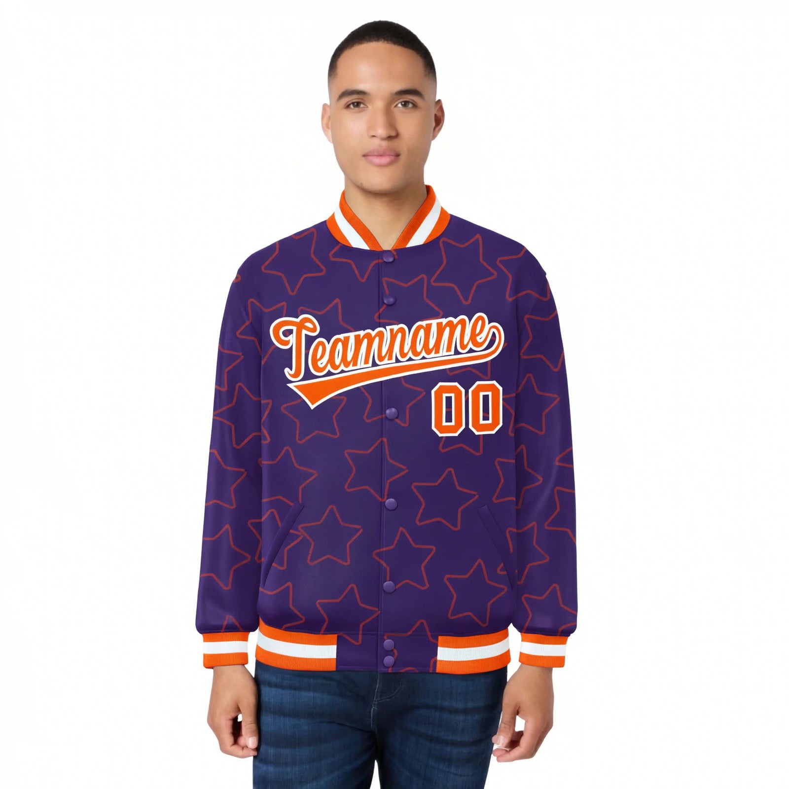 Custom Purple Orange-White Varsity Full-Snap Star Pattern Letterman Baseball Jacket