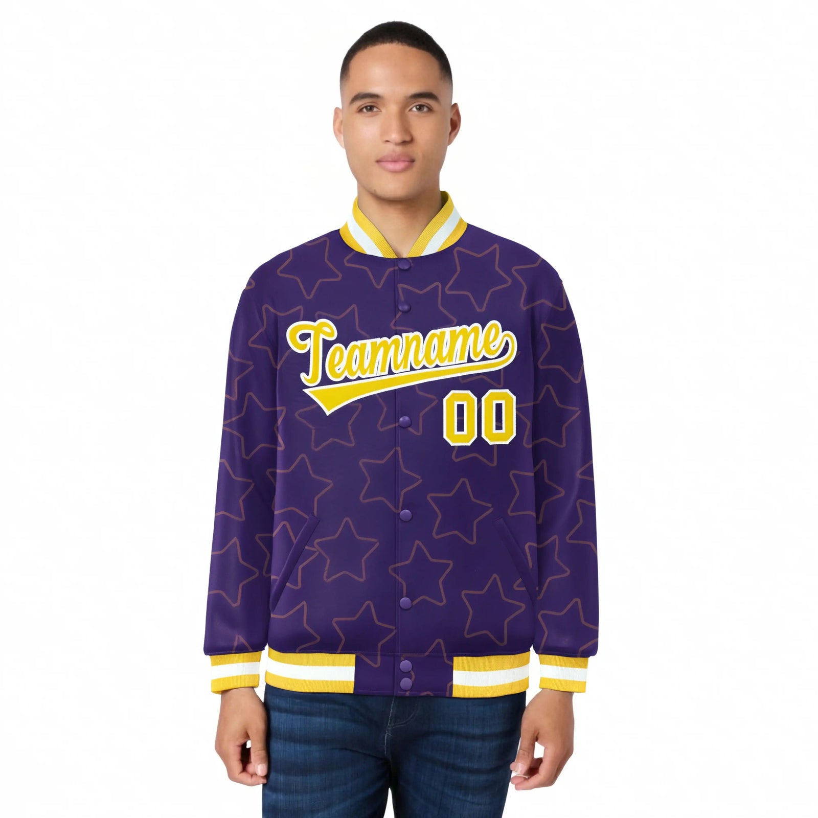 Custom Purple Gold-White Varsity Full-Snap Star Pattern Letterman Baseball Jacket