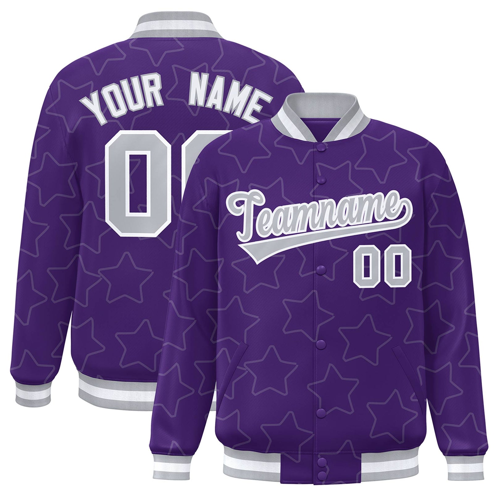 Custom Purple Gray-White Varsity Full-Snap Star Pattern Letterman Baseball Jacket