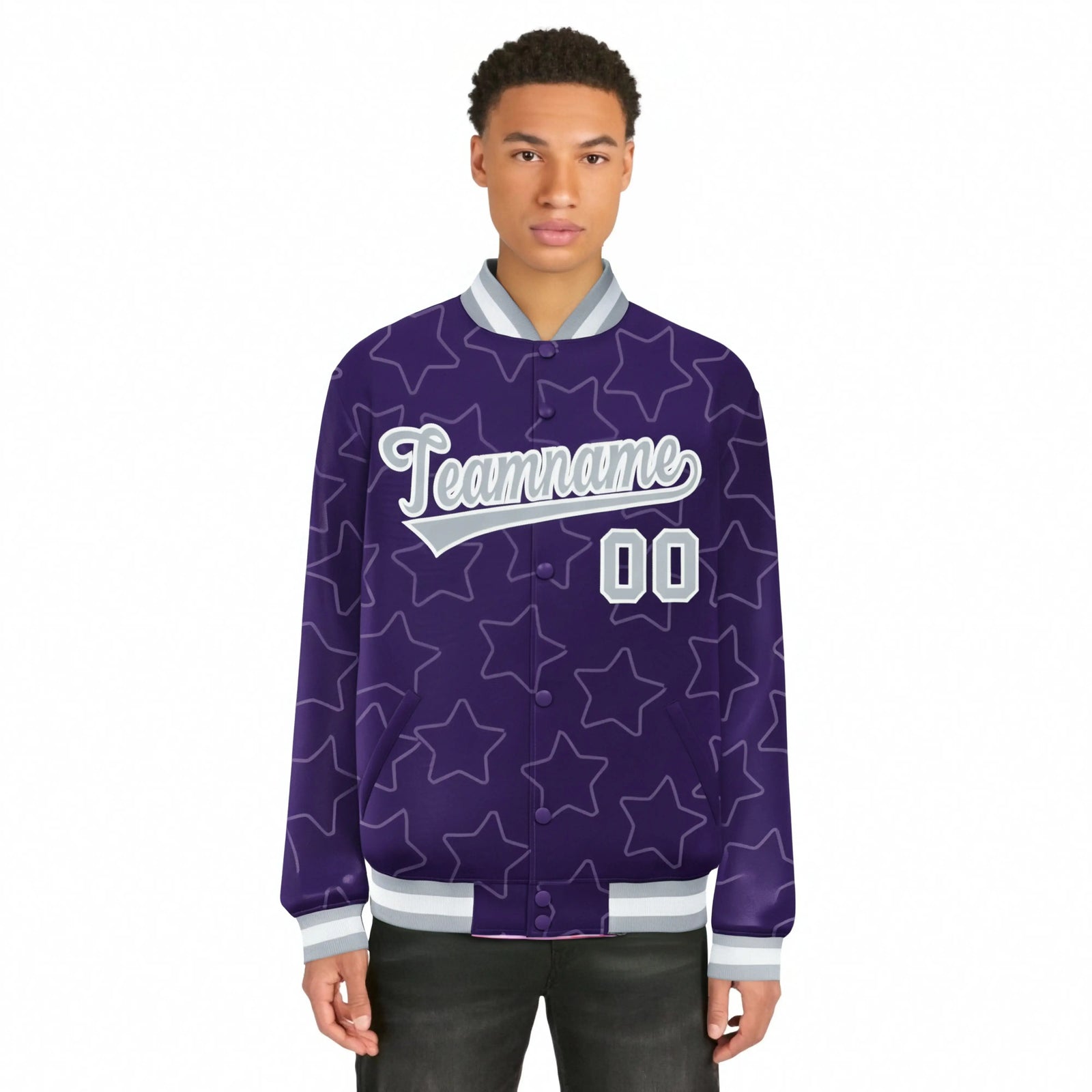 Custom Purple Gray-White Varsity Full-Snap Star Pattern Letterman Baseball Jacket
