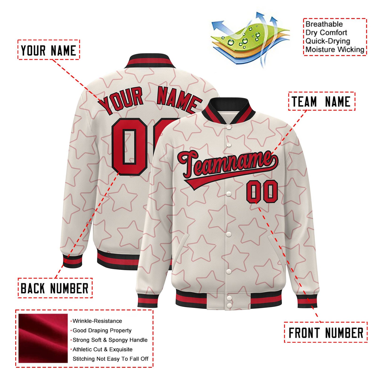 Custom Cream Red-Black Varsity Full-Snap Star Pattern Letterman Baseball Jacket