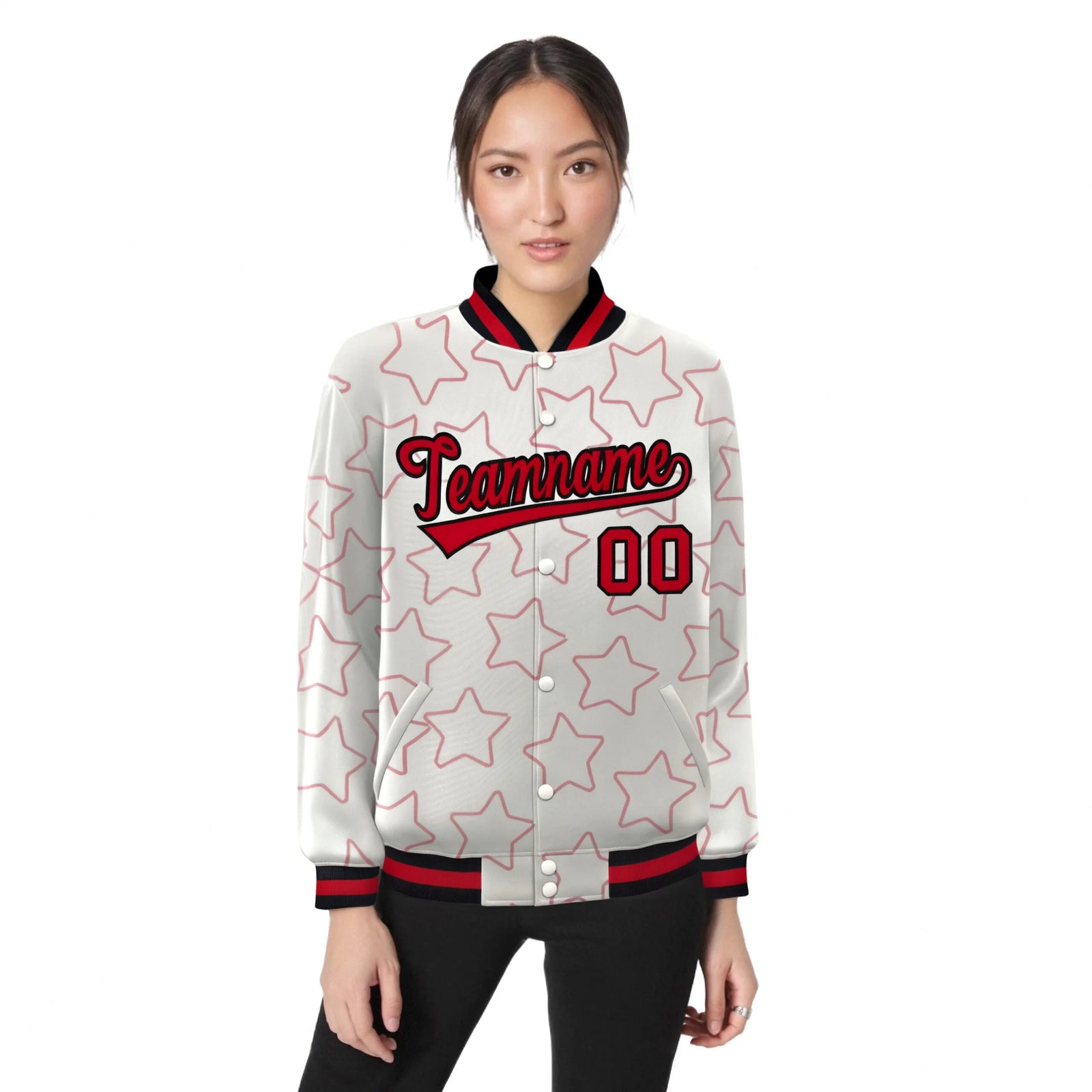 Custom Cream Red-Black Varsity Full-Snap Star Pattern Letterman Baseball Jacket