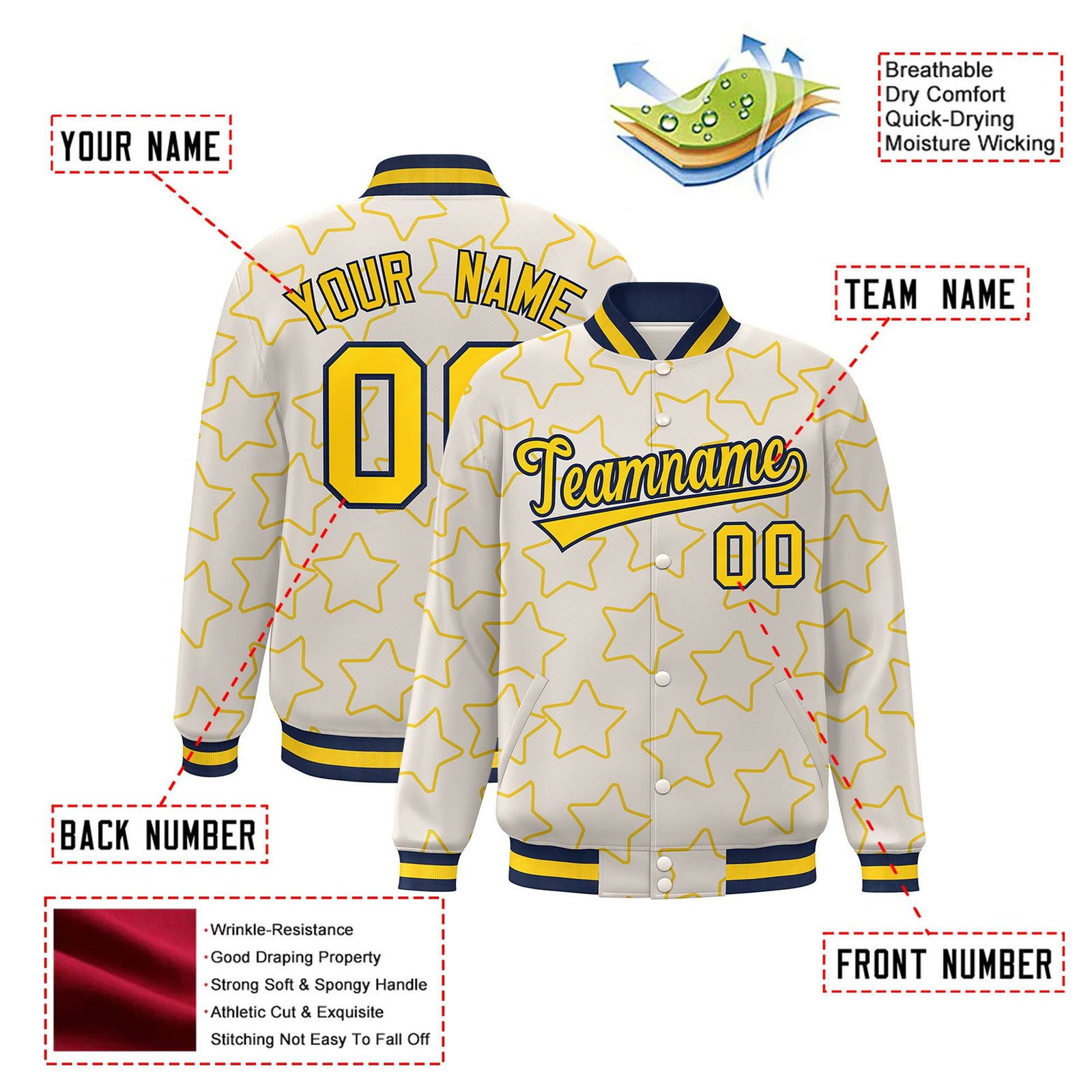 Custom Cream Gold-Navy Varsity Full-Snap Star Pattern Letterman Baseball Jacket