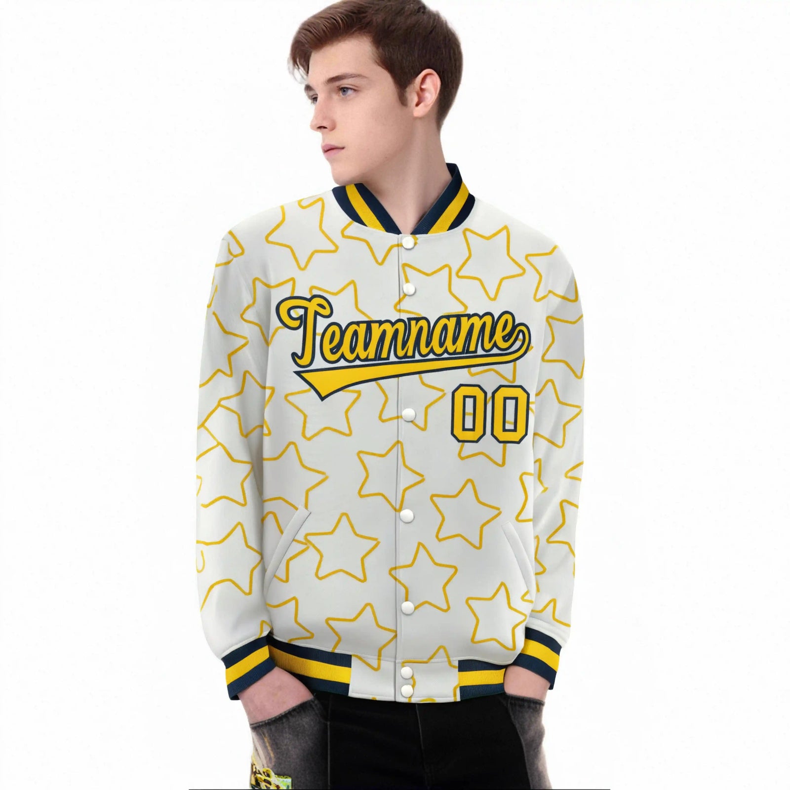 Custom Cream Gold-Navy Varsity Full-Snap Star Pattern Letterman Baseball Jacket
