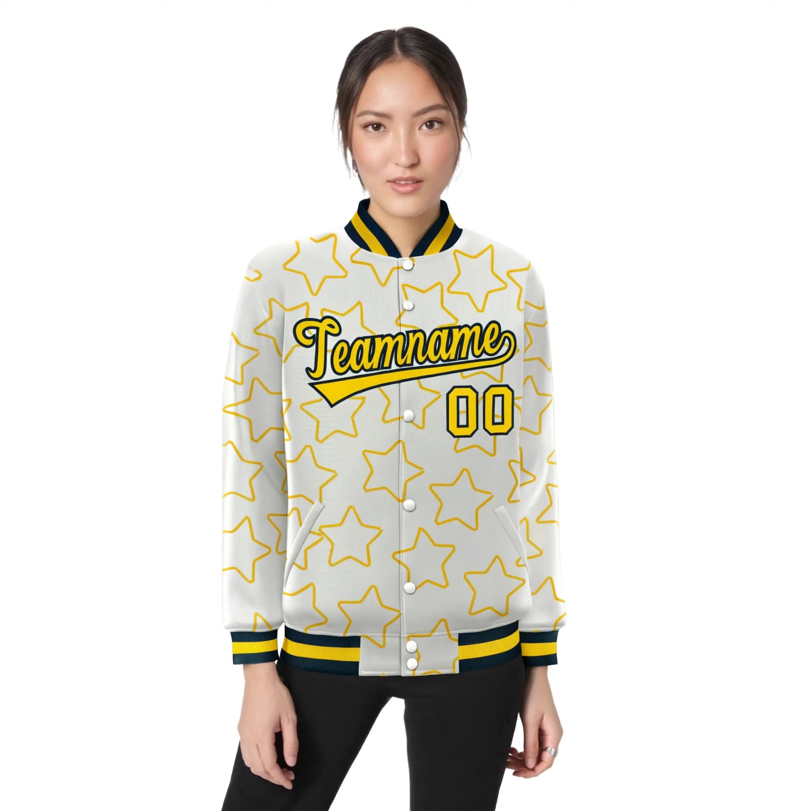 Custom Cream Gold-Navy Varsity Full-Snap Star Pattern Letterman Baseball Jacket