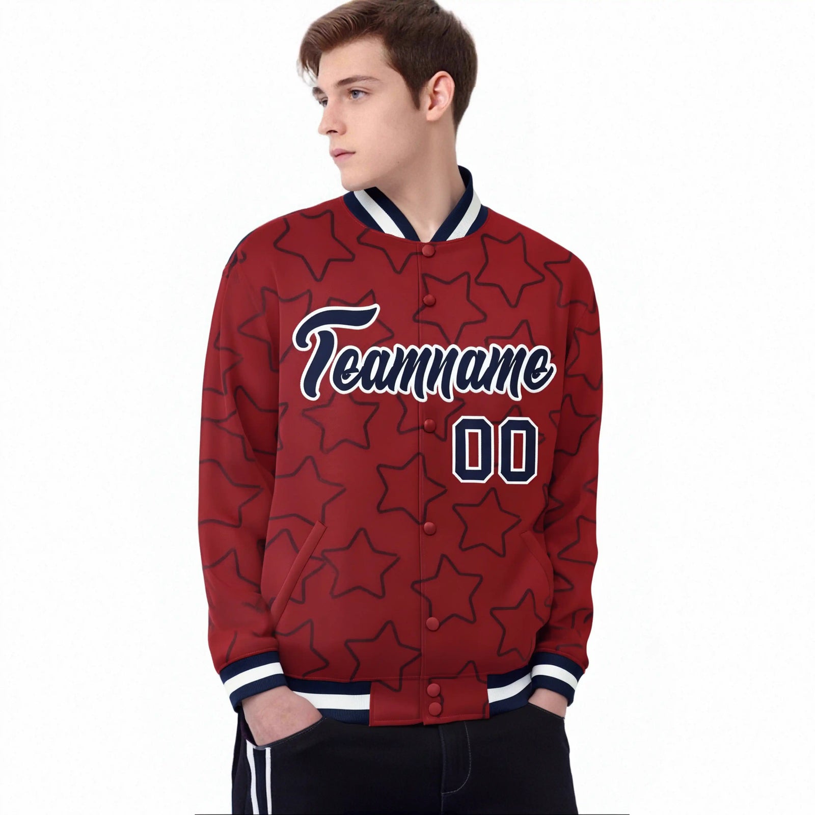 Custom Red Navy Varsity Full-Snap Star Pattern Letterman Baseball Jacket