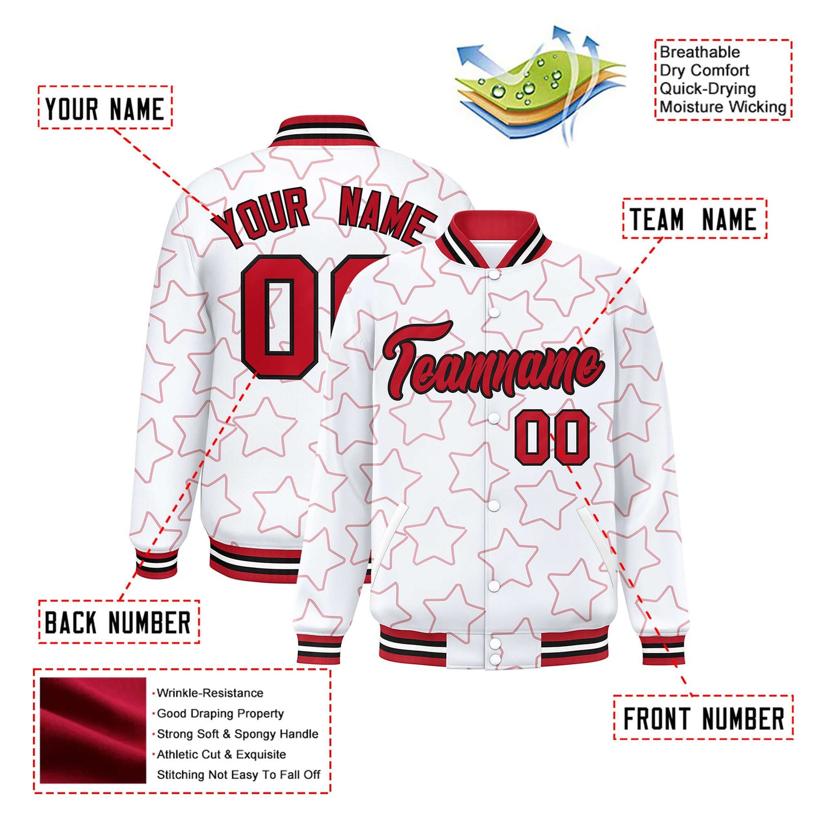 Custom White Red Varsity Full-Snap Star Pattern Letterman Baseball Jacket