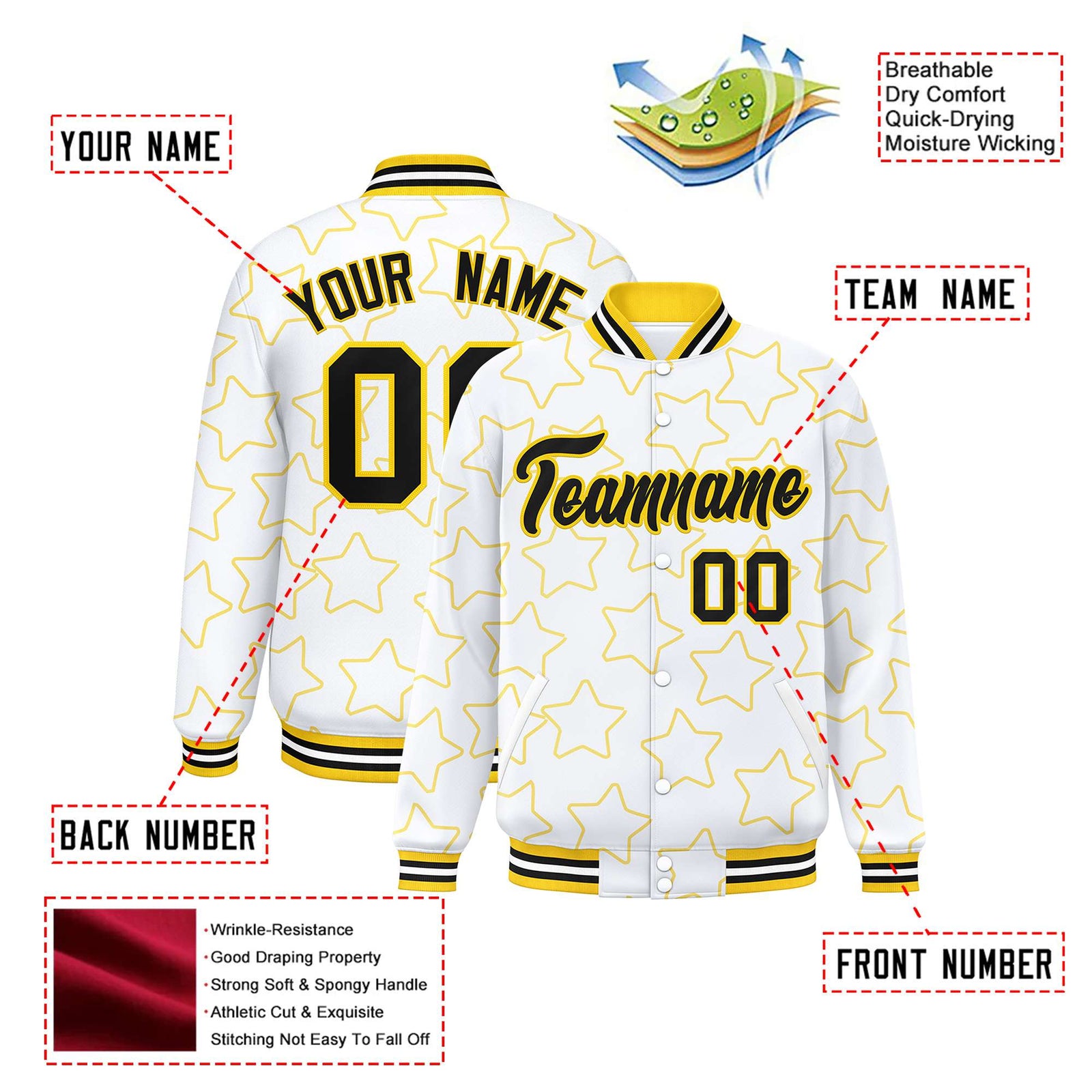 Custom White Black Varsity Full-Snap Star Pattern Letterman Baseball Jacket