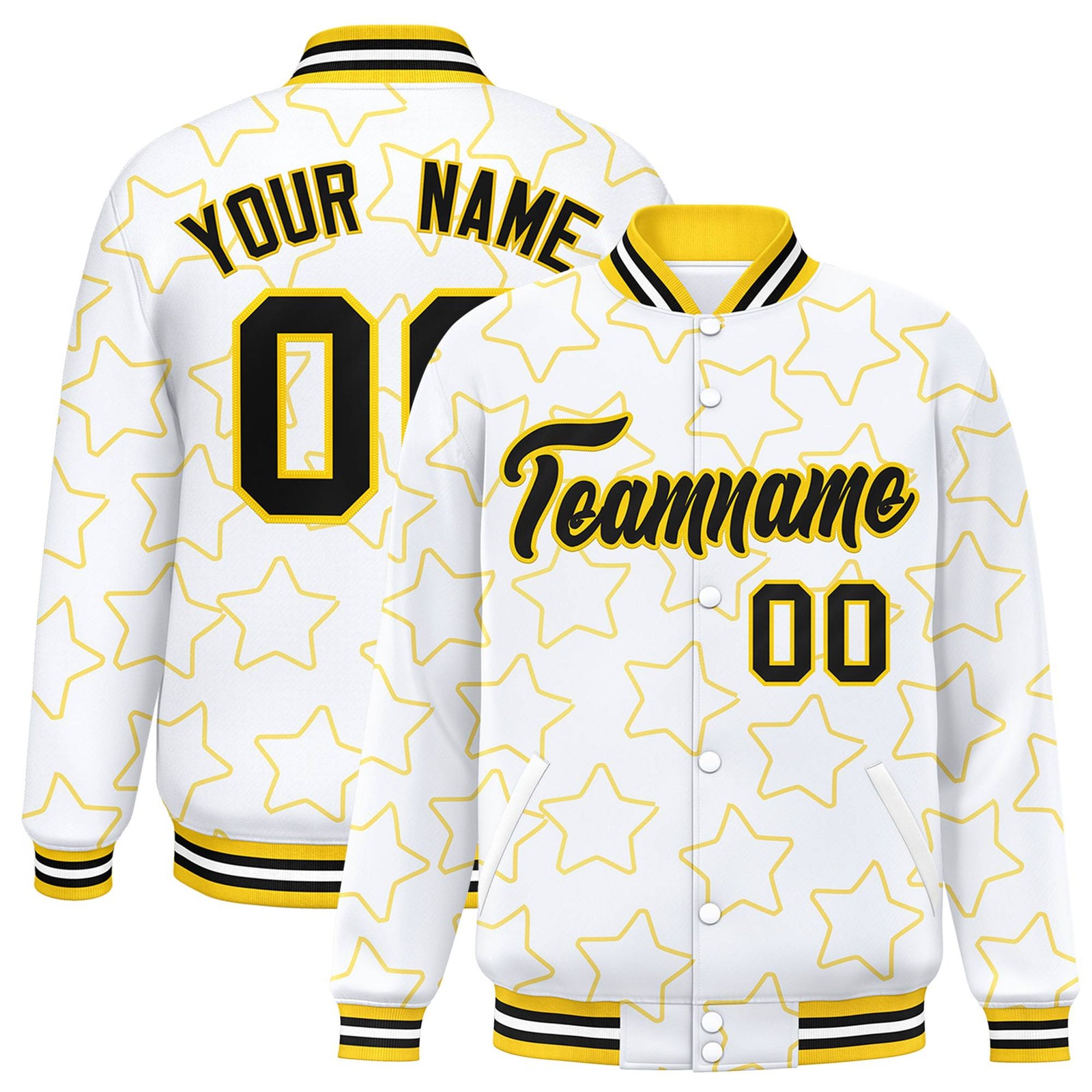 Custom White Black Varsity Full-Snap Star Pattern Letterman Baseball Jacket
