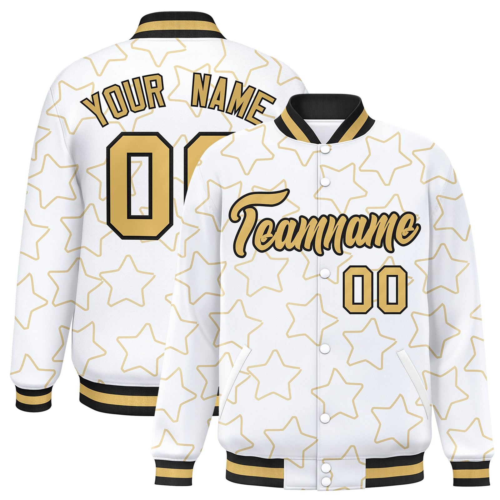 Custom White-Old Gold Varsity Full-Snap Star Pattern Letterman Baseball Jacket