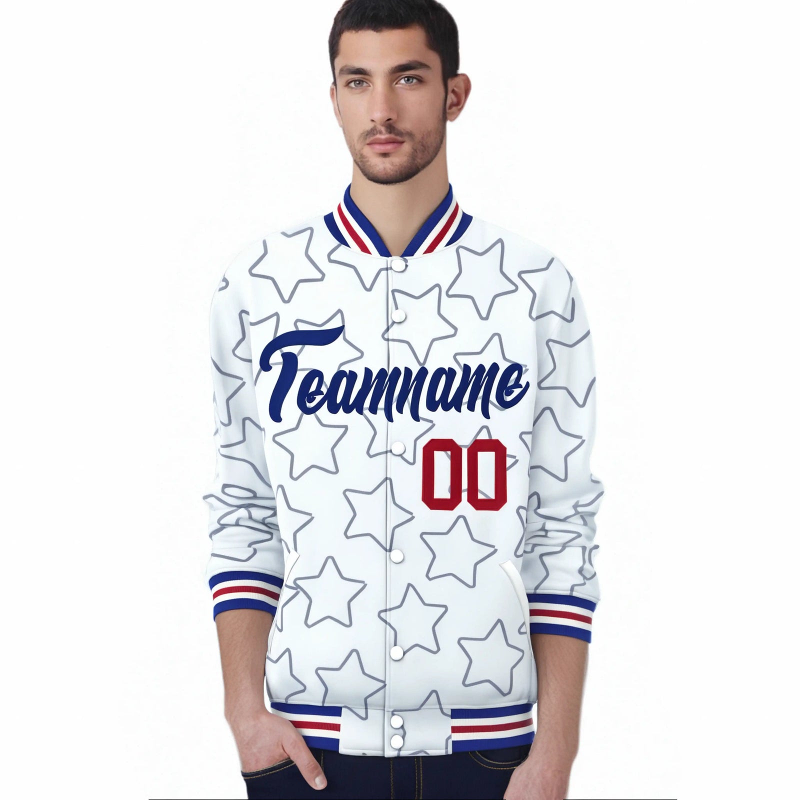 Custom White Royal Blue-Red Varsity Full-Snap Star Pattern Letterman Baseball Jacket