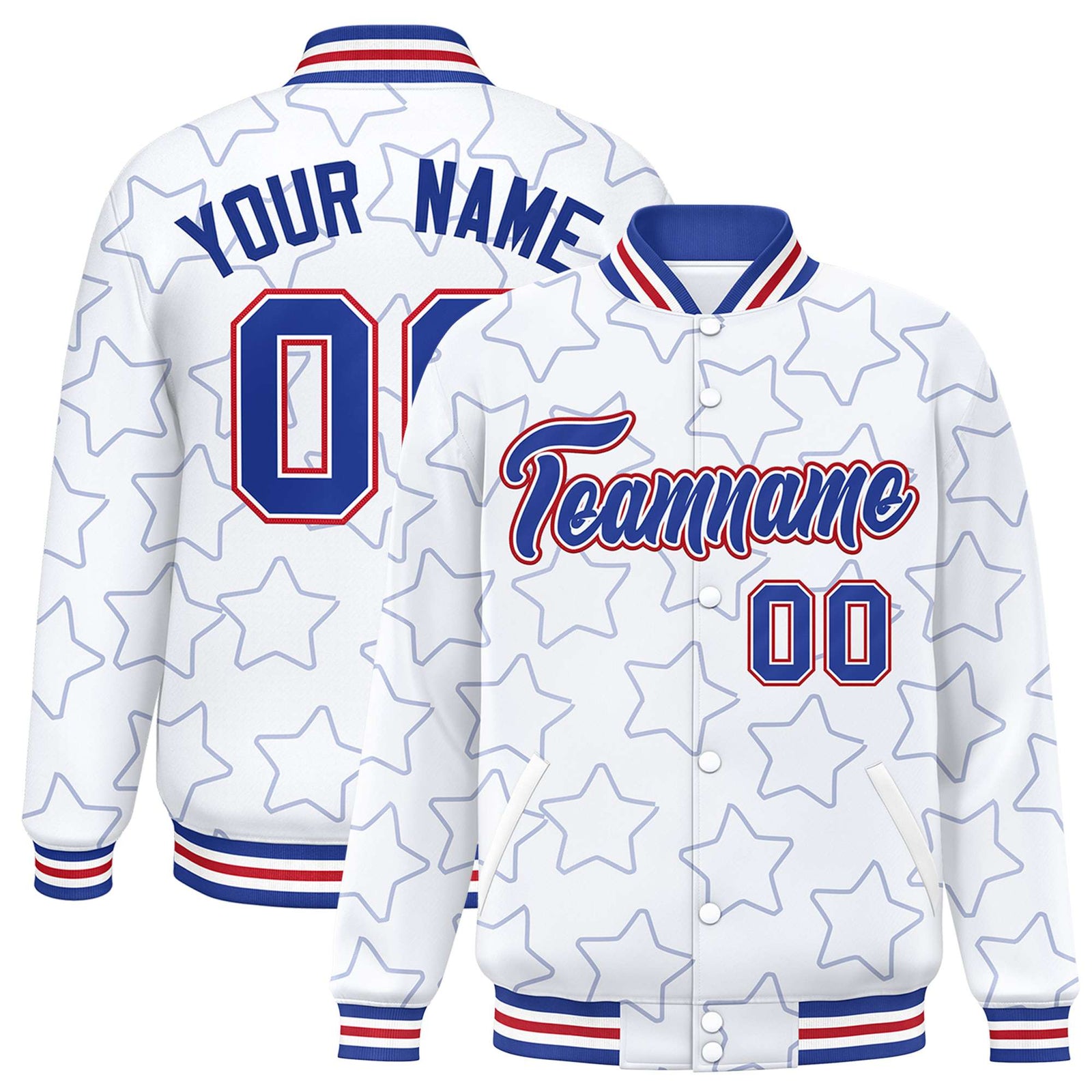 Custom White Royal Blue-Royal Blue Varsity Full-Snap Star Pattern Letterman Baseball Jacket