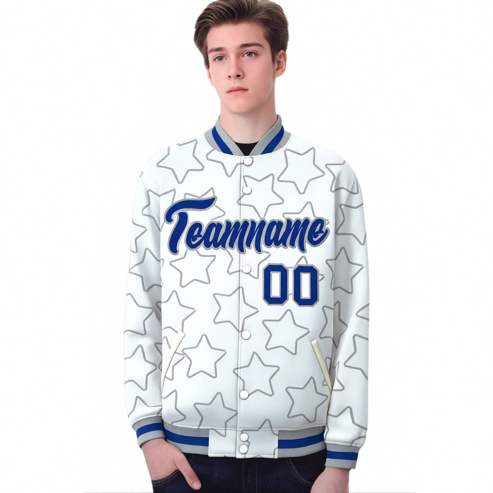 Custom White Royal Blue-Royal Blue Varsity Full-Snap Star Pattern Letterman Baseball Jacket