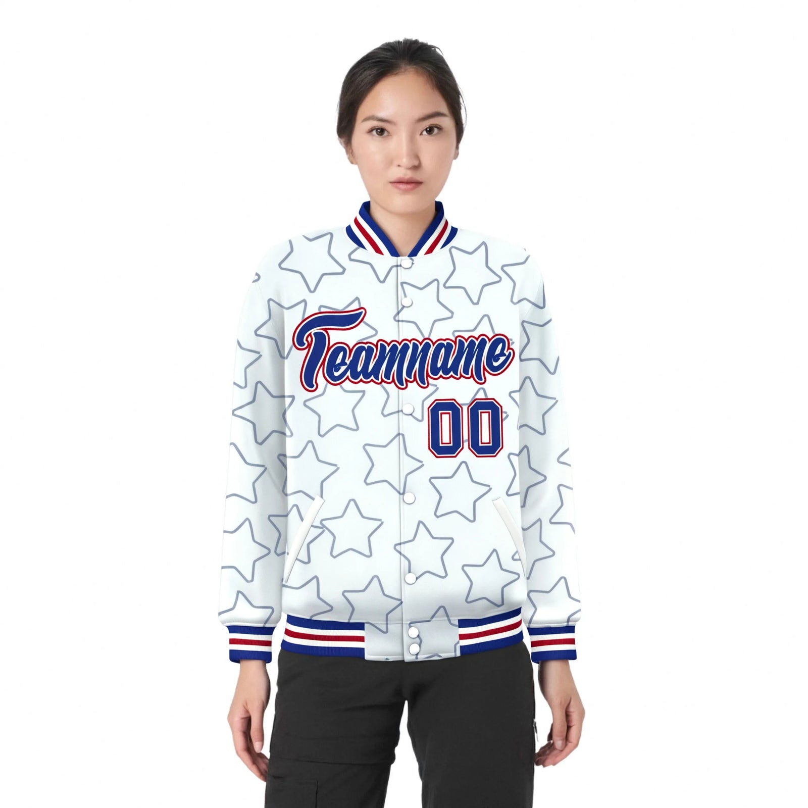 Custom White Royal Blue-Royal Blue Varsity Full-Snap Star Pattern Letterman Baseball Jacket
