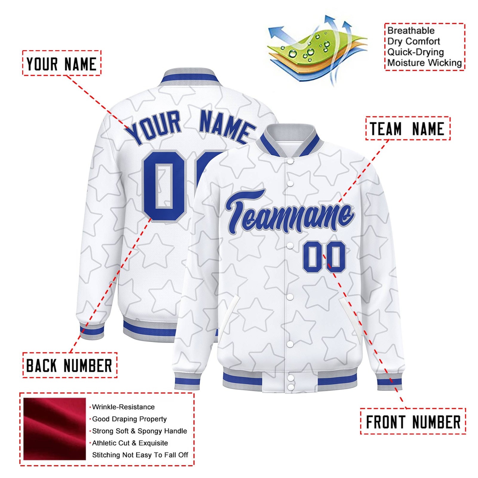 Custom White Royal Blue-Gray Varsity Full-Snap Star Pattern Letterman Baseball Jacket