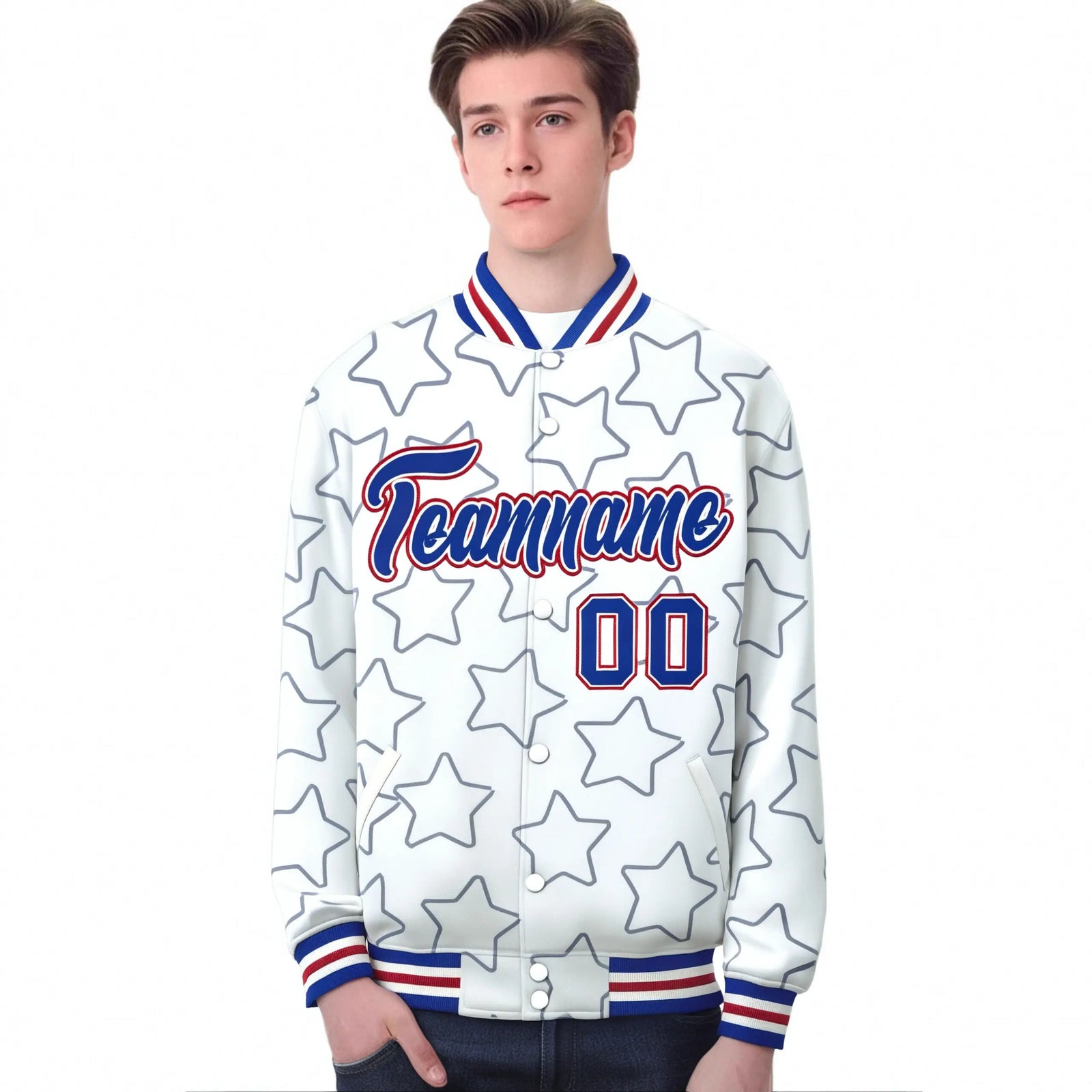Custom White Royal Blue-Gray Varsity Full-Snap Star Pattern Letterman Baseball Jacket