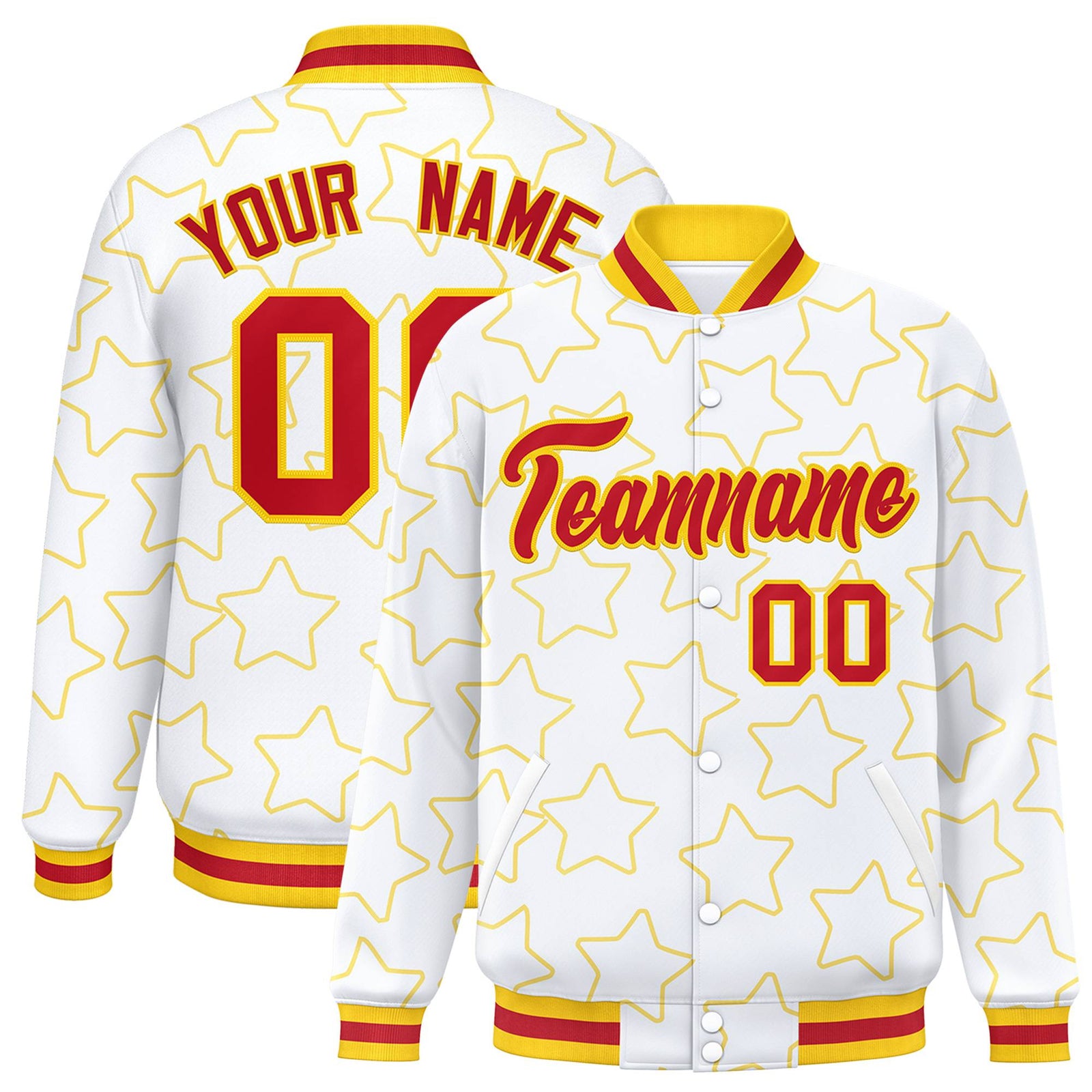 Custom White Red-Gold Varsity Full-Snap Star Pattern Letterman Baseball Jacket