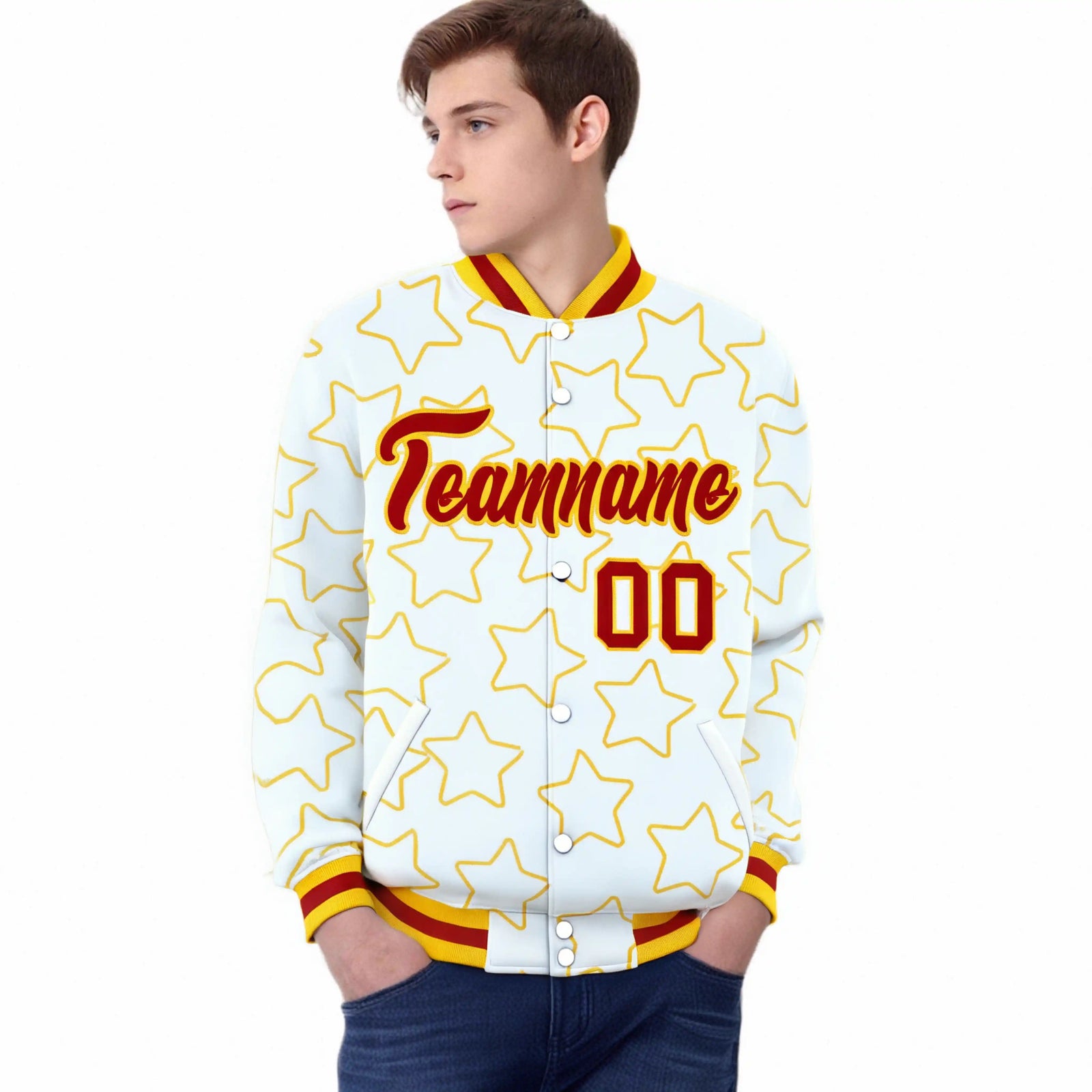 Custom White Red-Gold Varsity Full-Snap Star Pattern Letterman Baseball Jacket