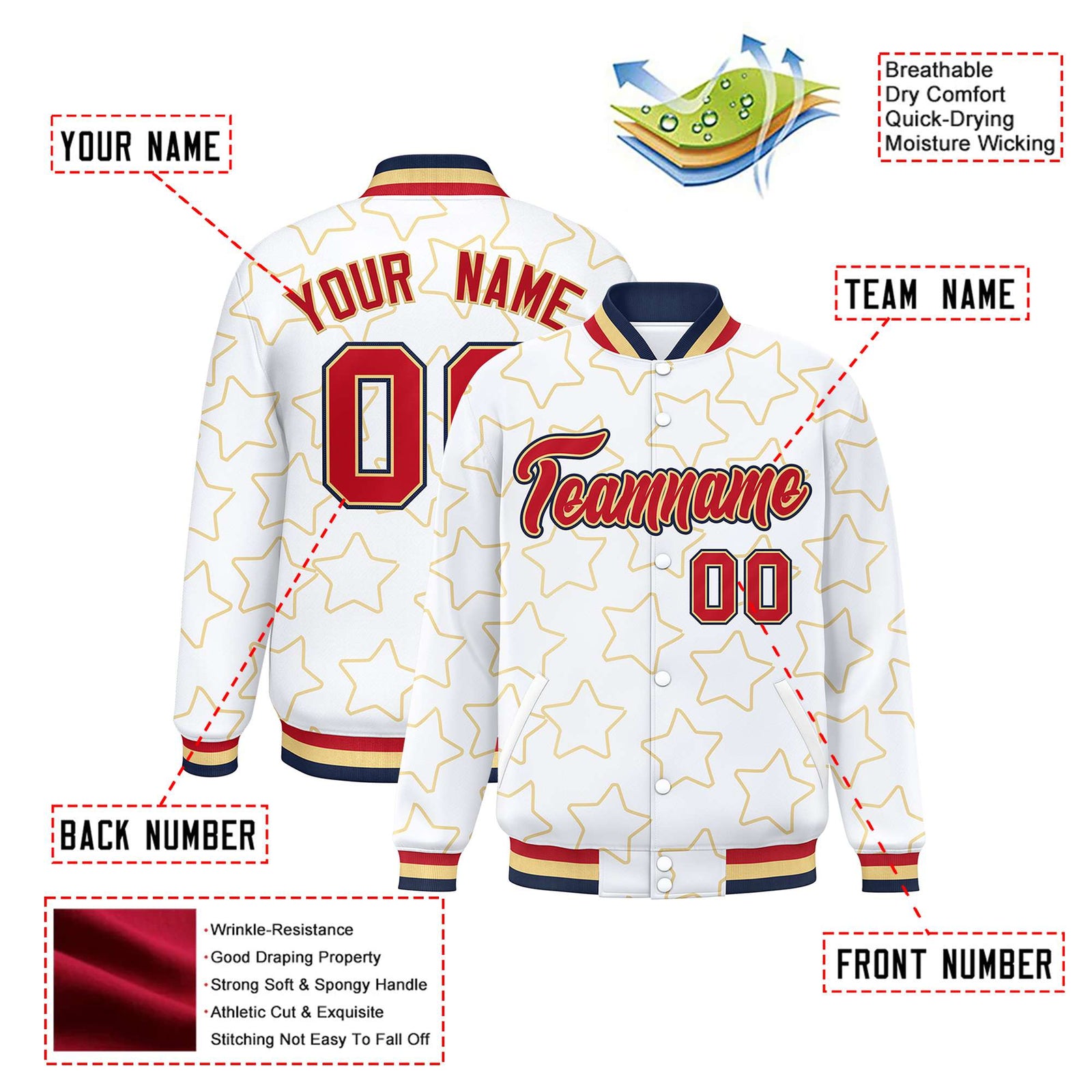 Custom White Red-Navy Varsity Full-Snap Star Pattern Letterman Baseball Jacket