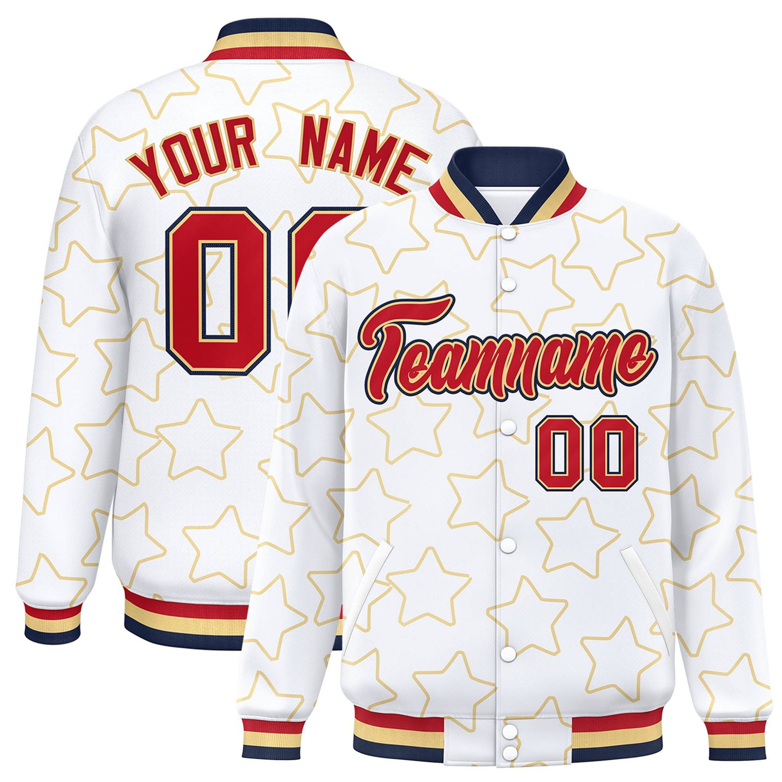 Custom White Red-Navy Varsity Full-Snap Star Pattern Letterman Baseball Jacket