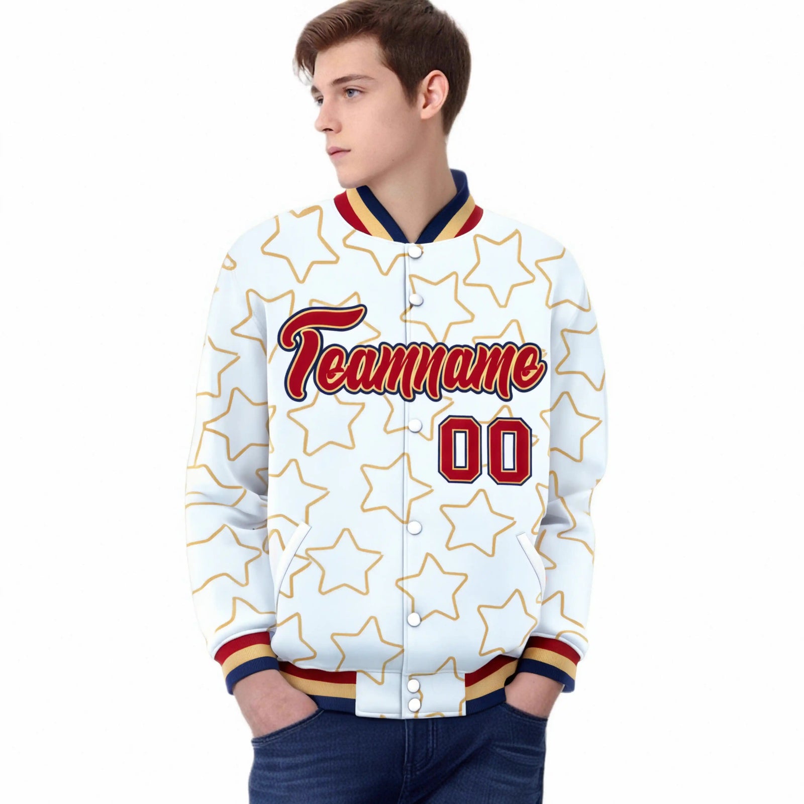 Custom White Red-Navy Varsity Full-Snap Star Pattern Letterman Baseball Jacket
