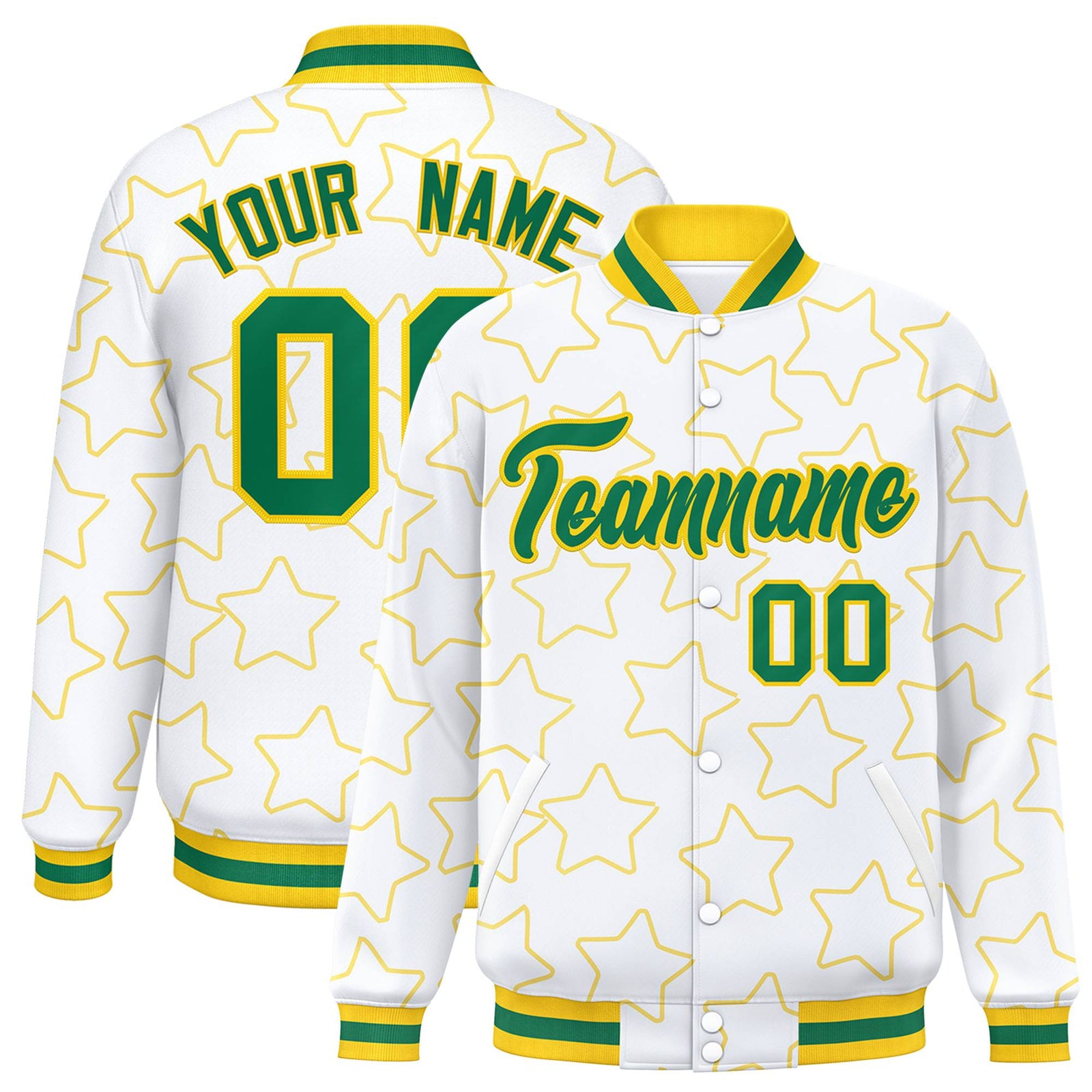 Custom White Neon Green-Gold Varsity Full-Snap Star Pattern Letterman Baseball Jacket