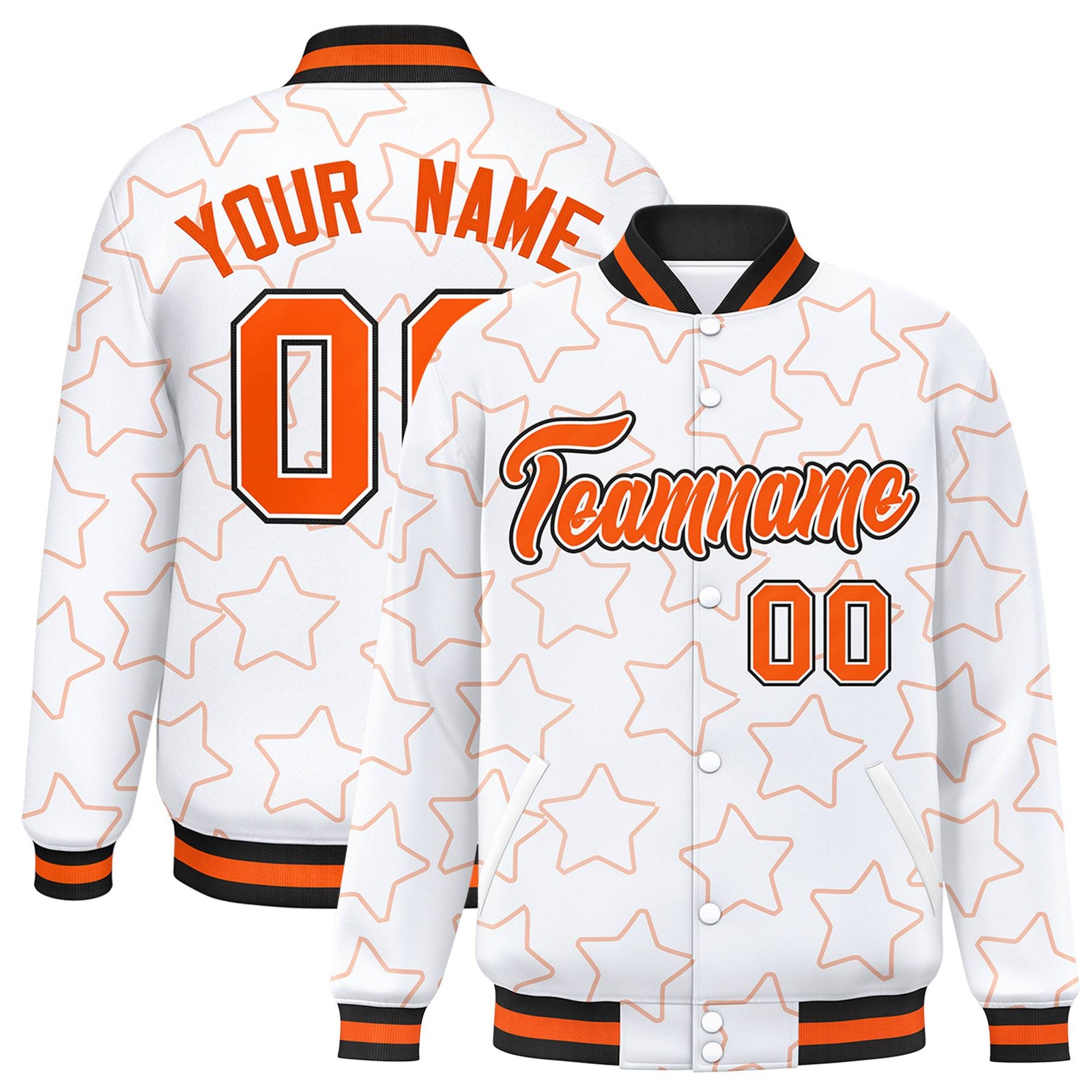 Custom White Orange-Black Varsity Full-Snap Star Pattern Letterman Baseball Jacket
