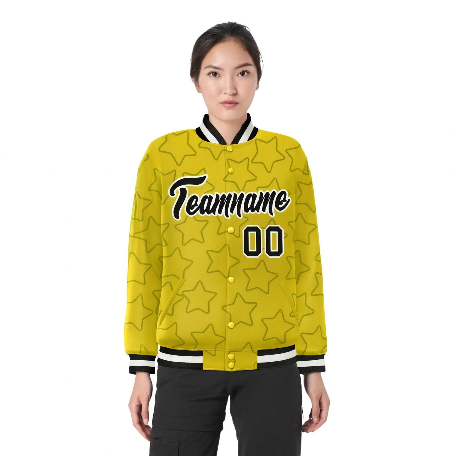Custom Gold Black-White Varsity Full-Snap Star Pattern Letterman Baseball Jacket