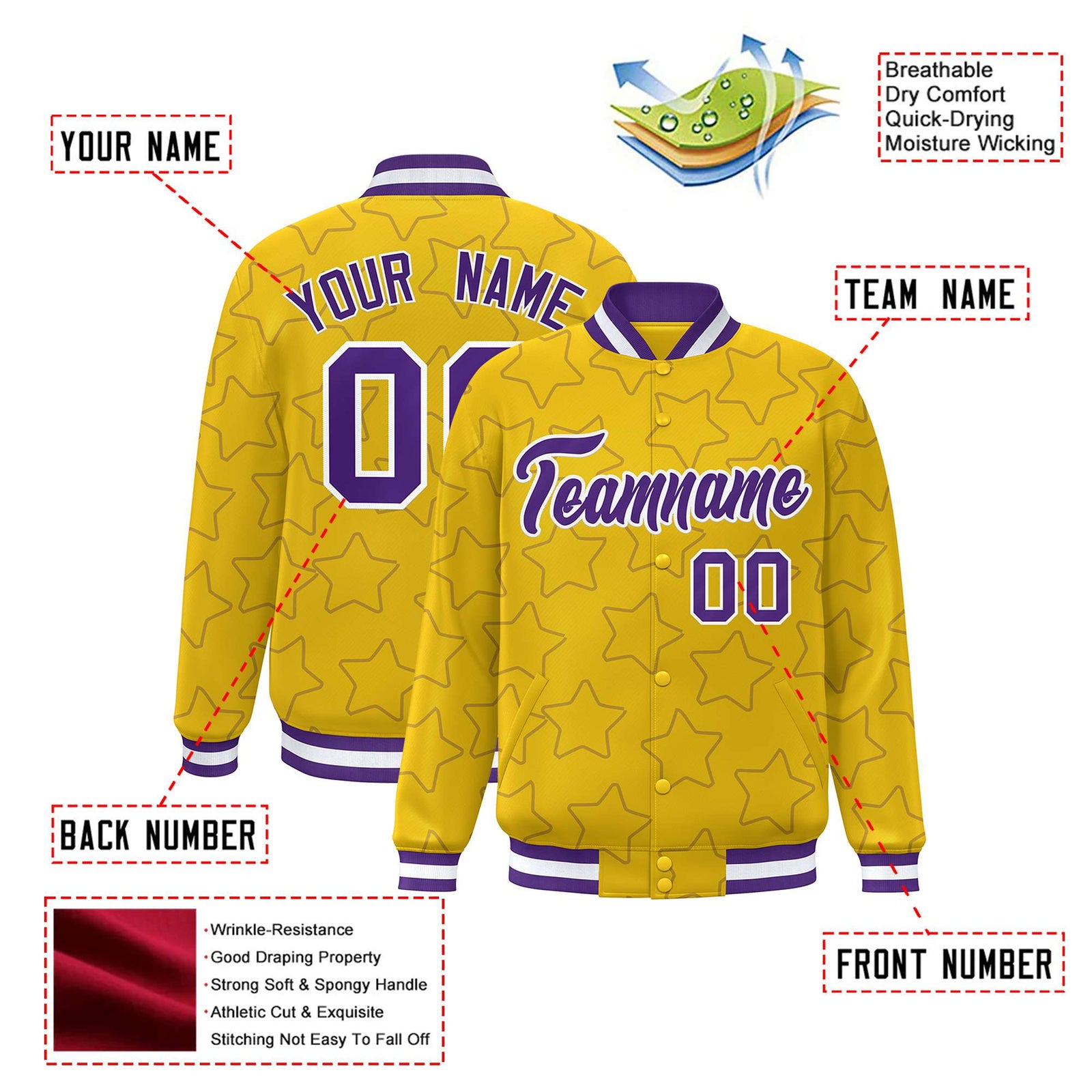 Custom Gold Purple-White Varsity Full-Snap Star Pattern Letterman Baseball Jacket