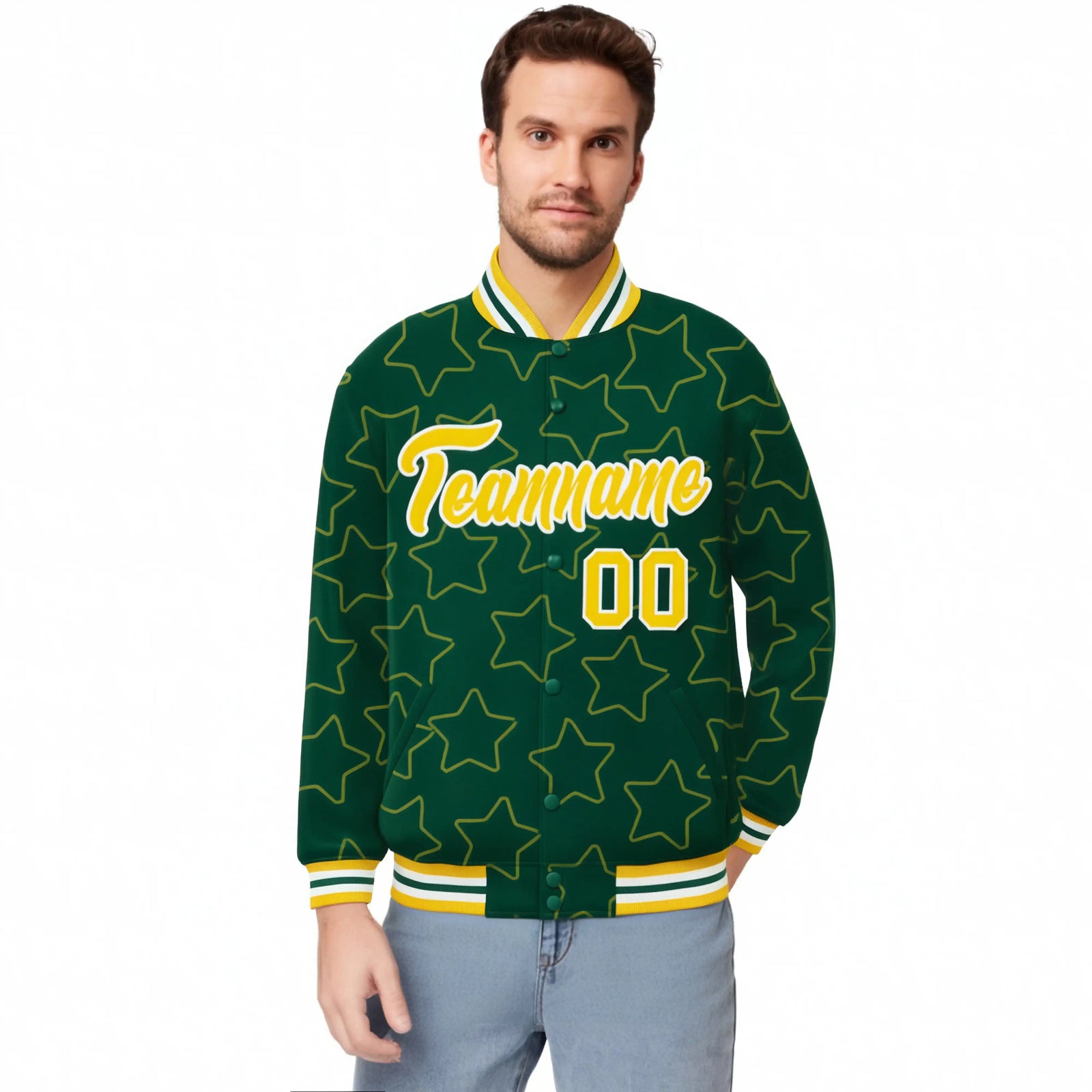 Custom Green Gold-White Varsity Full-Snap Star Pattern Letterman Baseball Jacket