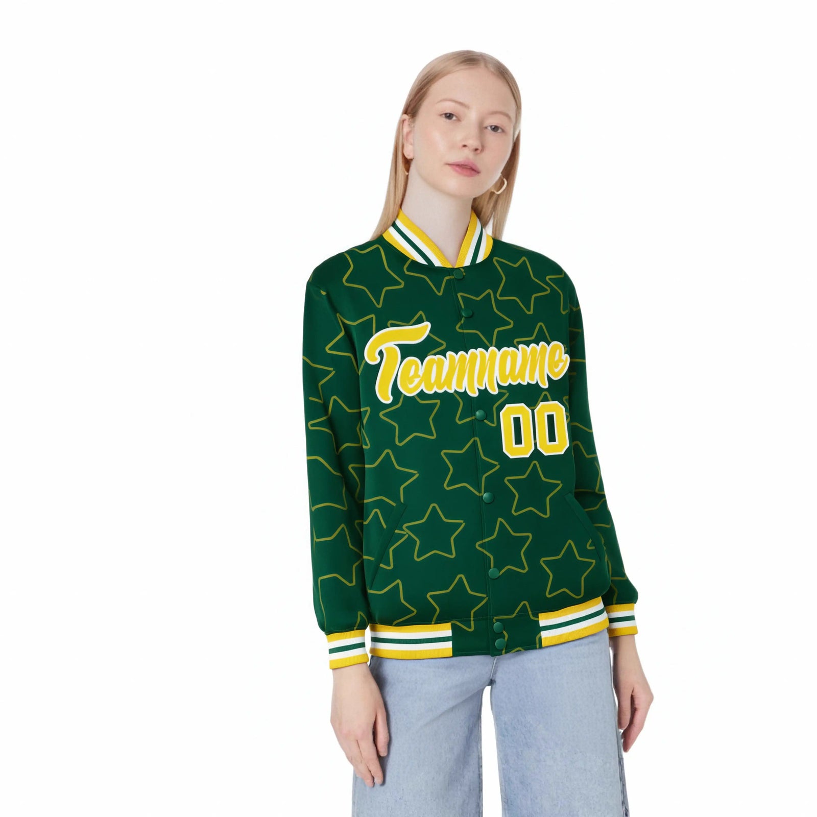 Custom Green Gold-White Varsity Full-Snap Star Pattern Letterman Baseball Jacket