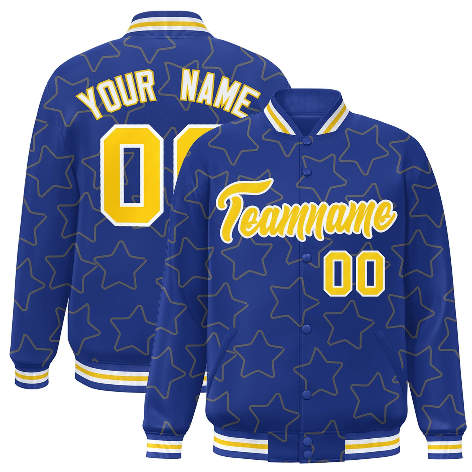 Custom Royal Blue Gold-White Varsity Full-Snap Star Pattern Letterman Baseball Jacket