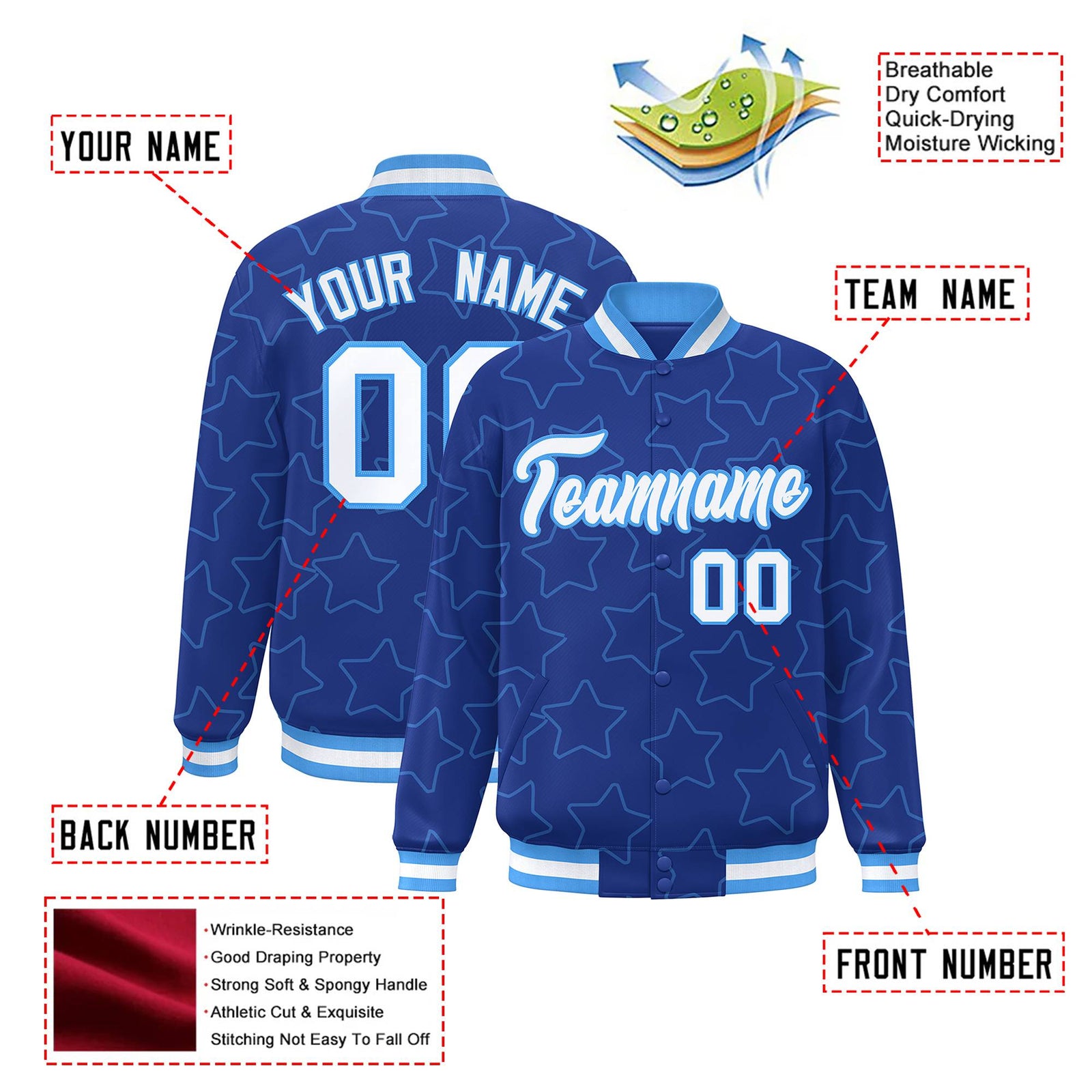 Custom Royal Blue White-Powder Blue Varsity Full-Snap Star Pattern Letterman Baseball Jacket