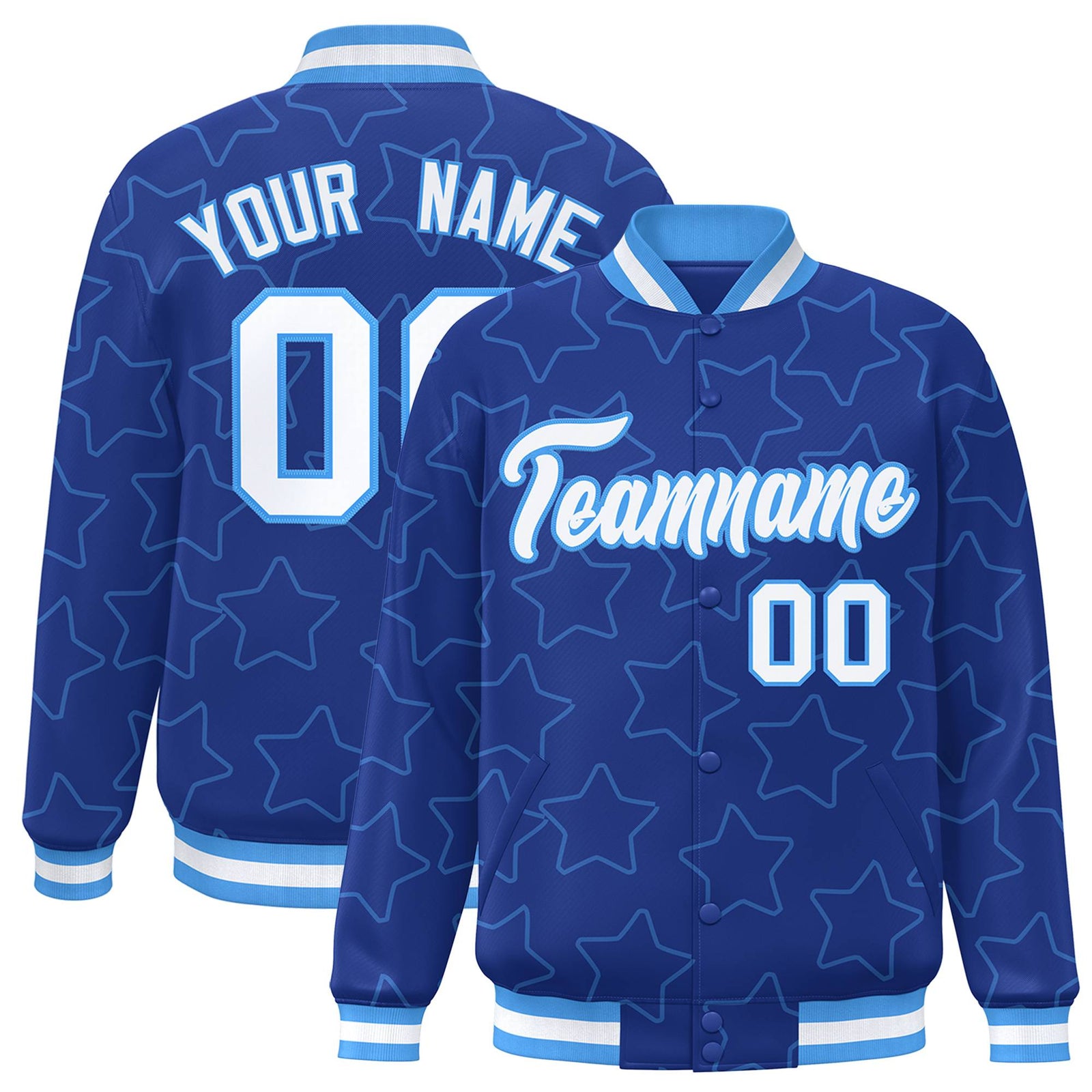 Custom Royal Blue White-Powder Blue Varsity Full-Snap Star Pattern Letterman Baseball Jacket
