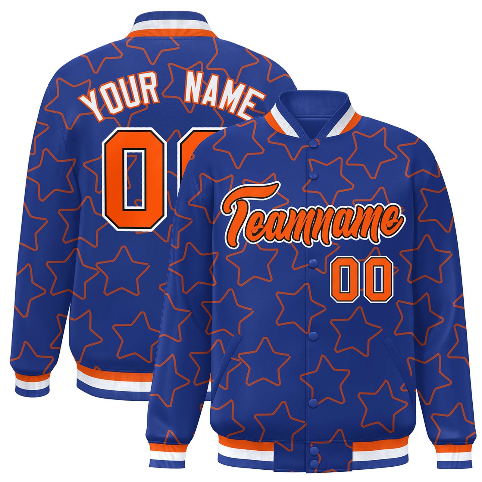 Custom Royal Blue Orange Varsity Full-Snap Star Pattern Letterman Baseball Jacket