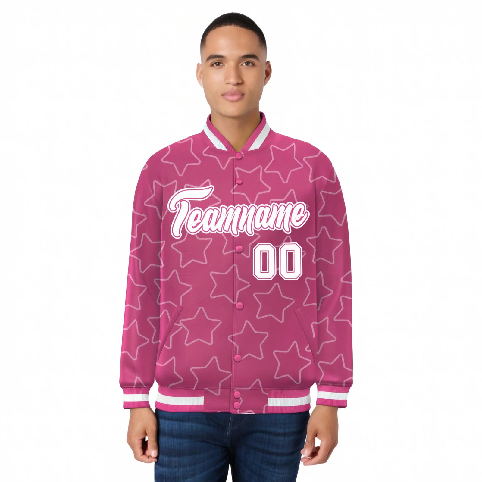 Custom Pink White Varsity Full-Snap Star Pattern Letterman Baseball Jacket