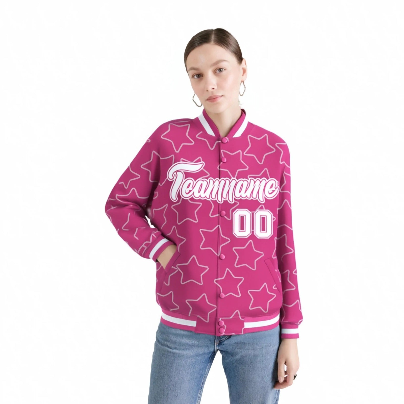 Custom Pink White Varsity Full-Snap Star Pattern Letterman Baseball Jacket