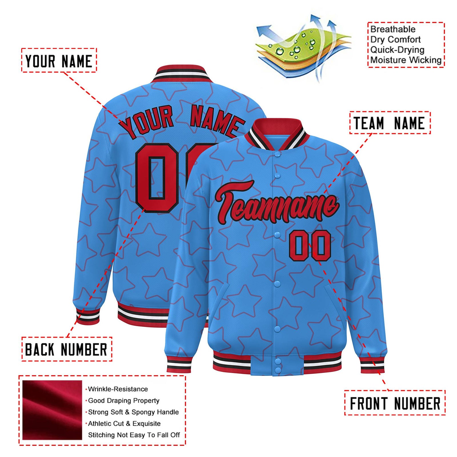 Custom Powder Blue Red-Black Varsity Full-Snap Star Pattern Letterman Baseball Jacket