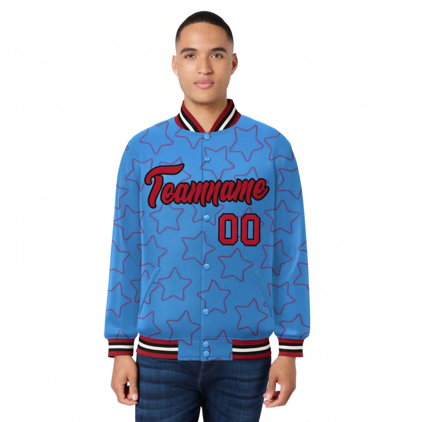 Custom Powder Blue Red-Black Varsity Full-Snap Star Pattern Letterman Baseball Jacket