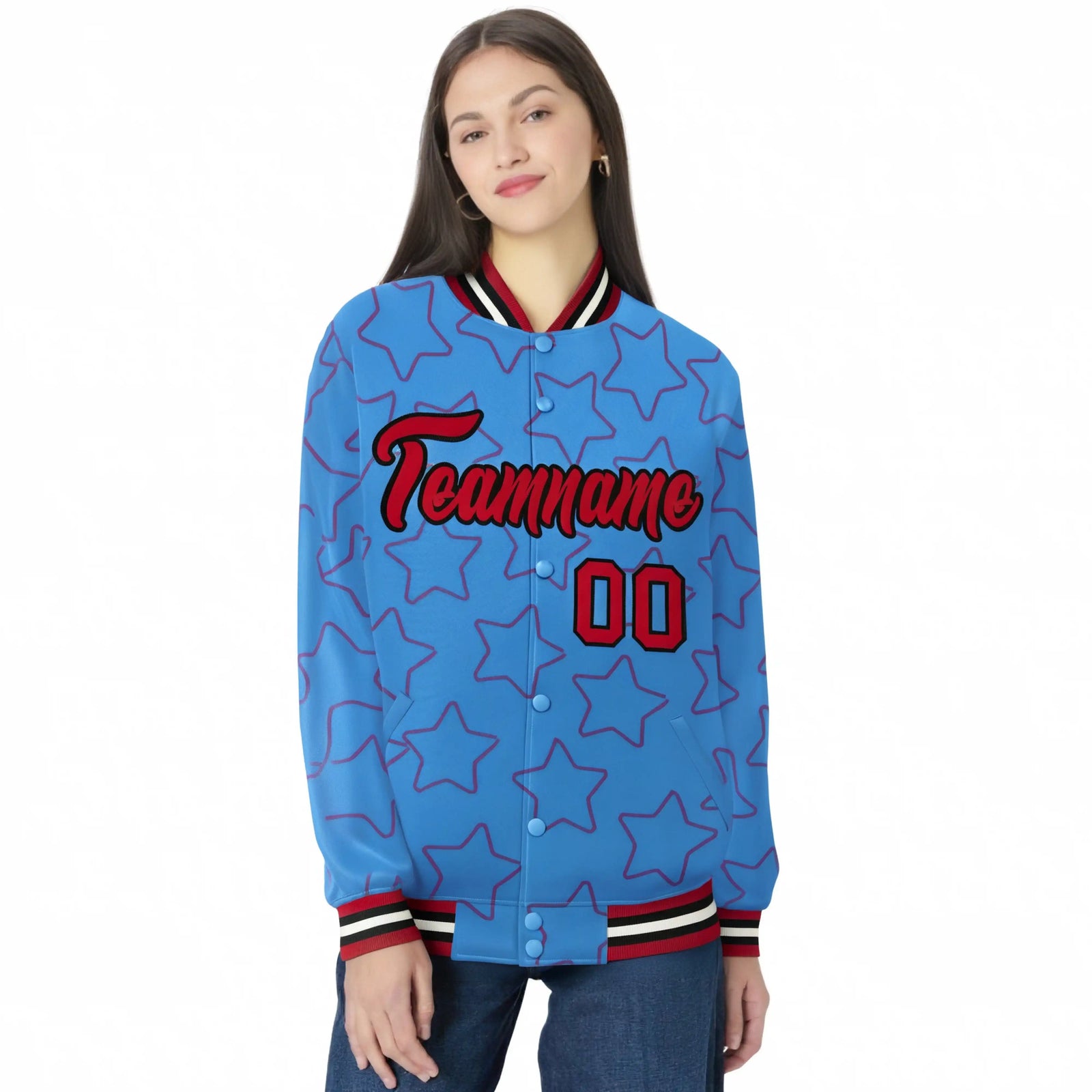 Custom Powder Blue Red-Black Varsity Full-Snap Star Pattern Letterman Baseball Jacket