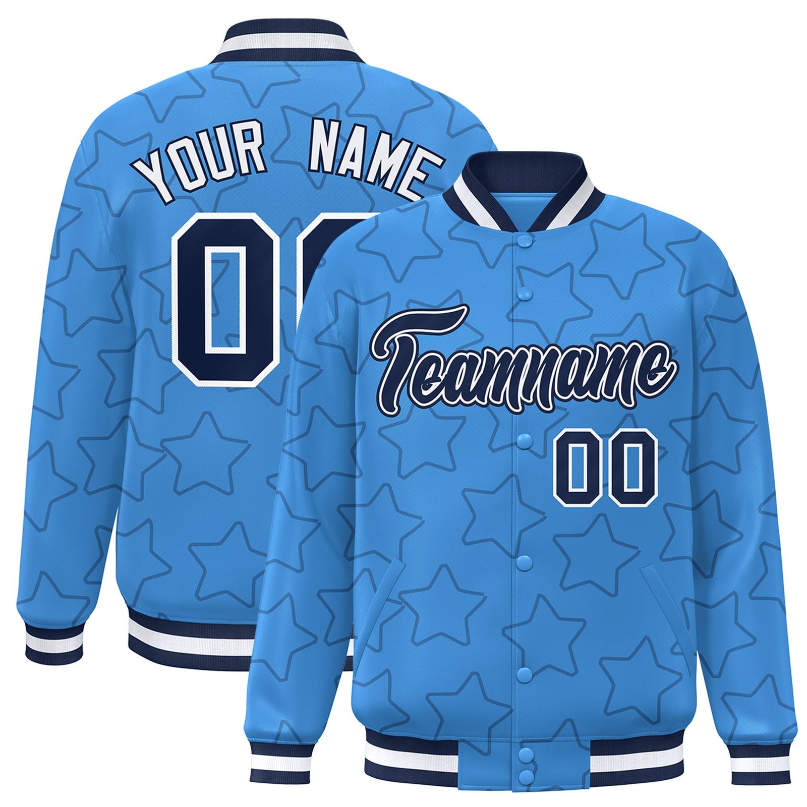 Custom Powder Blue Navy-White Varsity Full-Snap Star Pattern Letterman Baseball Jacket