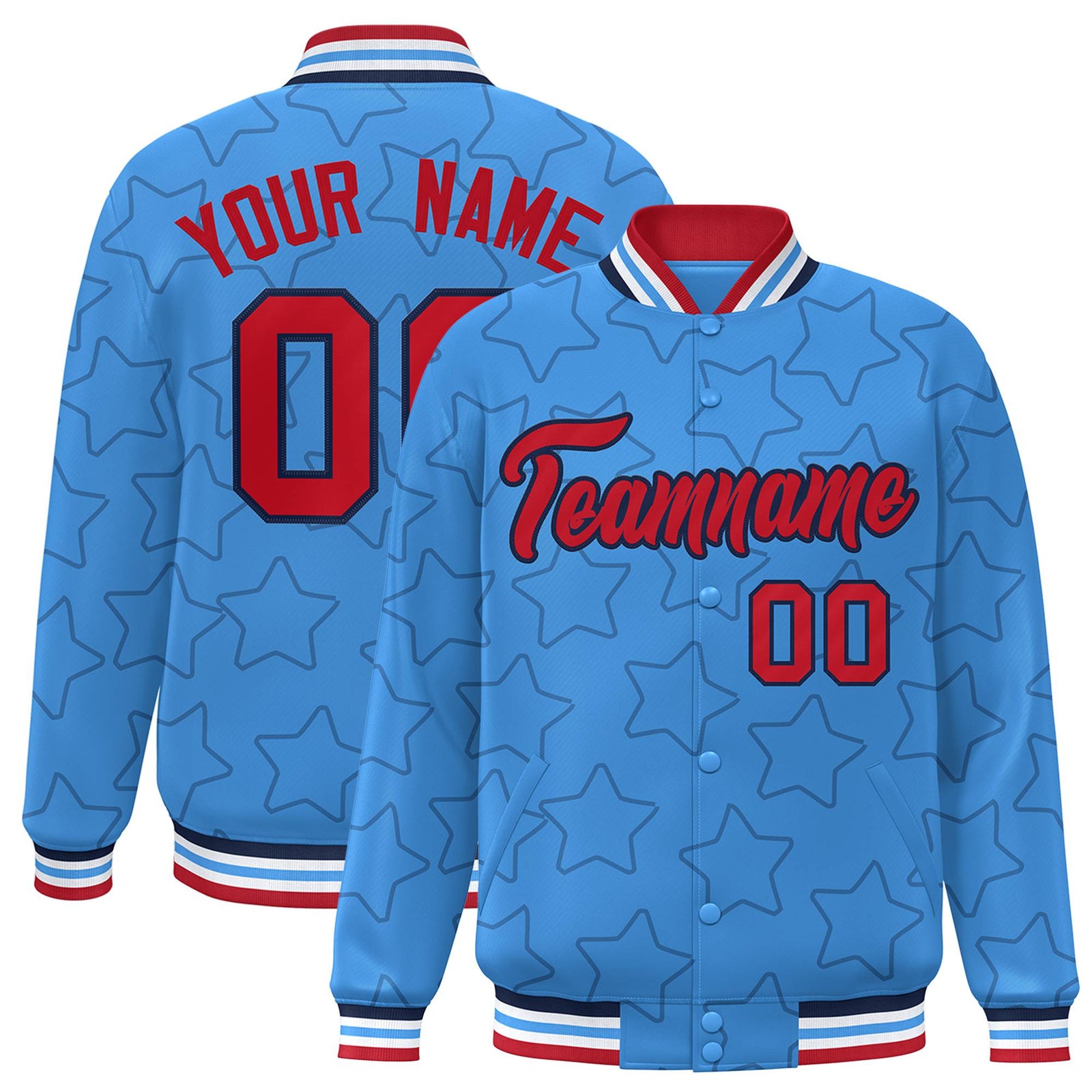 Custom Powder Blue Red-Navy Varsity Full-Snap Star Pattern Letterman Baseball Jacket