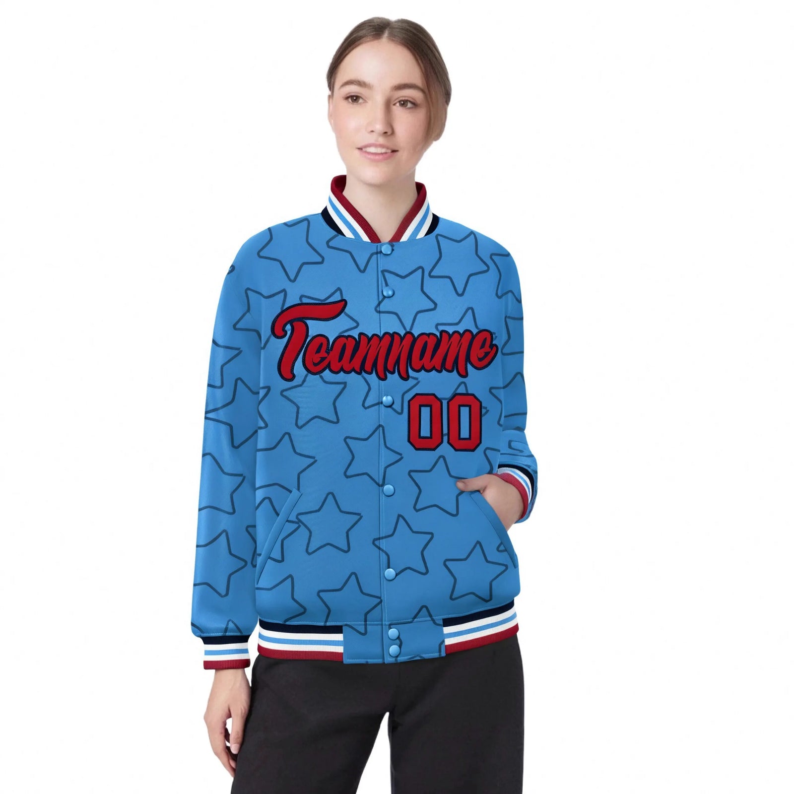 Custom Powder Blue Red-Navy Varsity Full-Snap Star Pattern Letterman Baseball Jacket