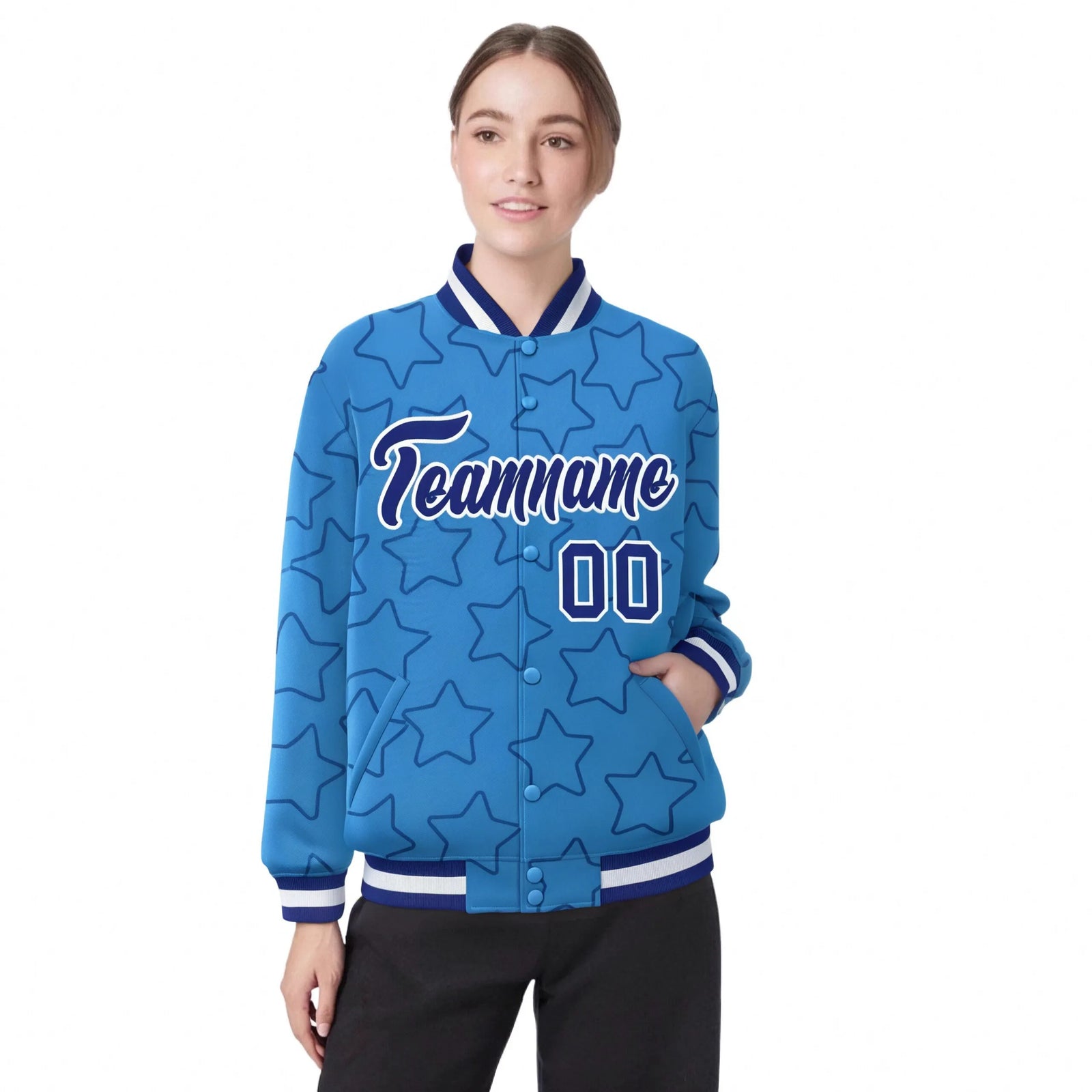 Custom Powder Blue Royal Blue-White Varsity Full-Snap Star Pattern Letterman Baseball Jacket
